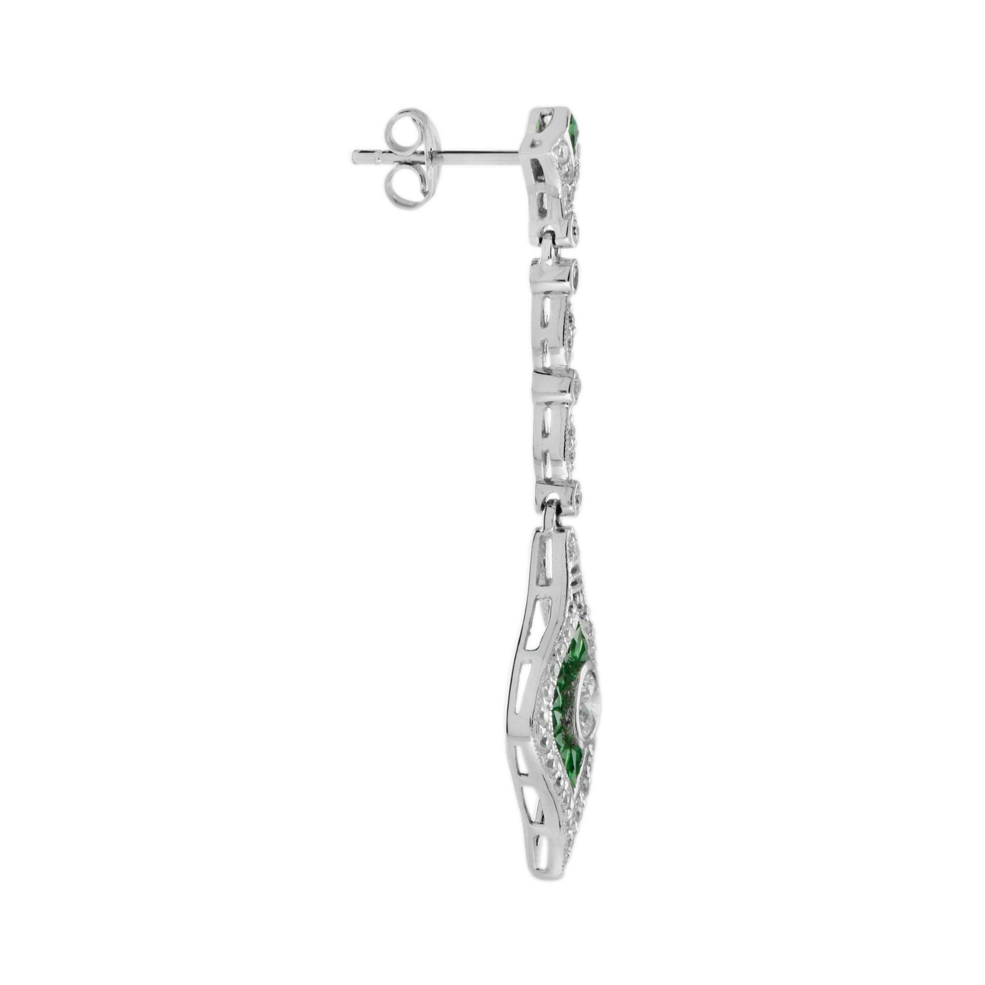 Round Cut Diamond and Emerald Art Deco Style Dangle Earrings in 14k White Gold For Sale