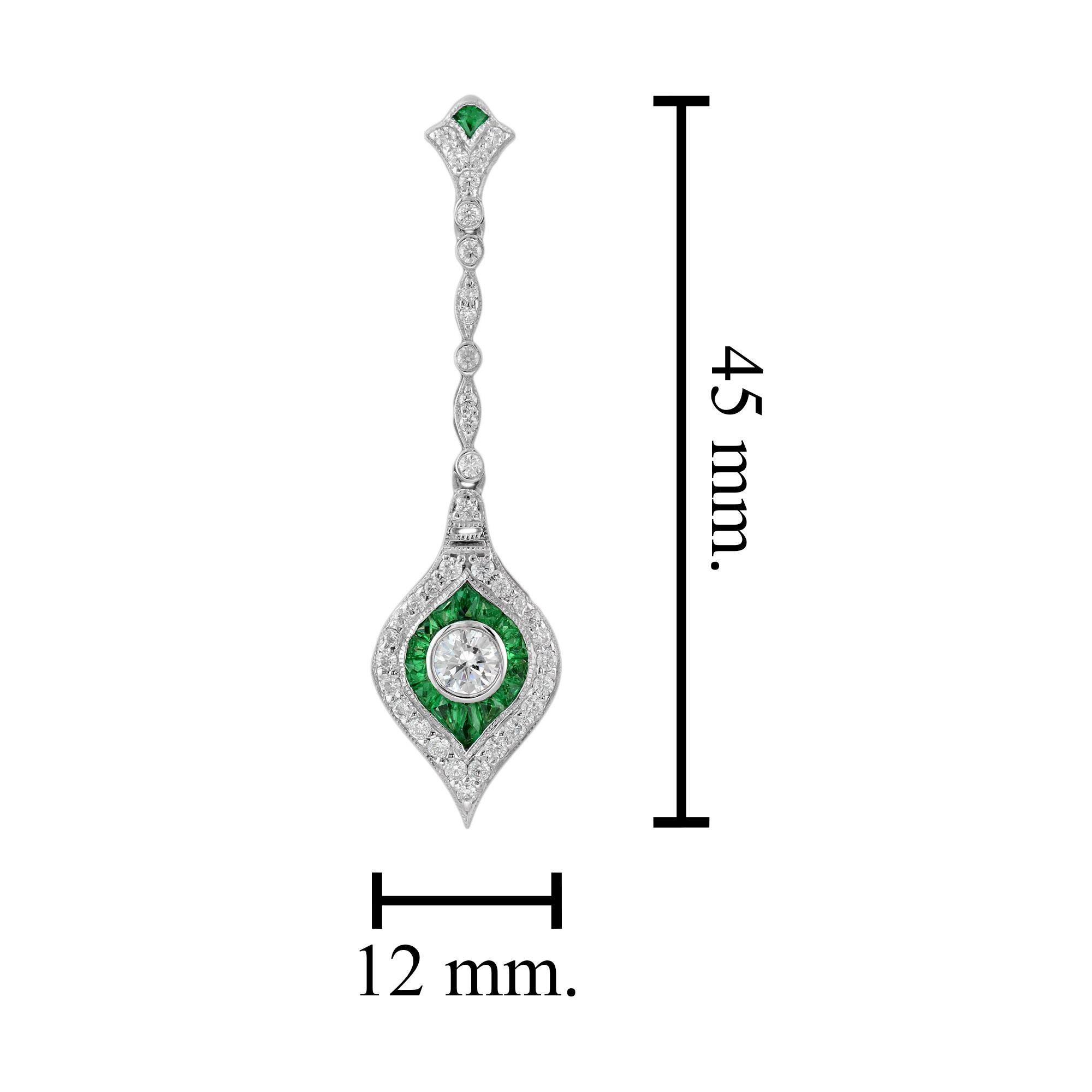 Women's Diamond and Emerald Art Deco Style Dangle Earrings in 14k White Gold For Sale