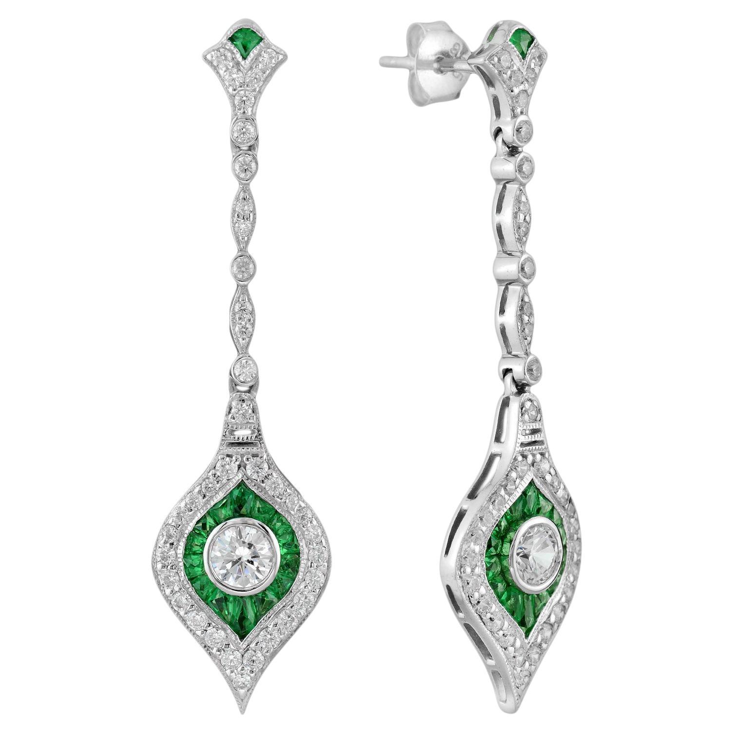Diamond and Emerald Art Deco Style Dangle Earrings in 14k White Gold For Sale