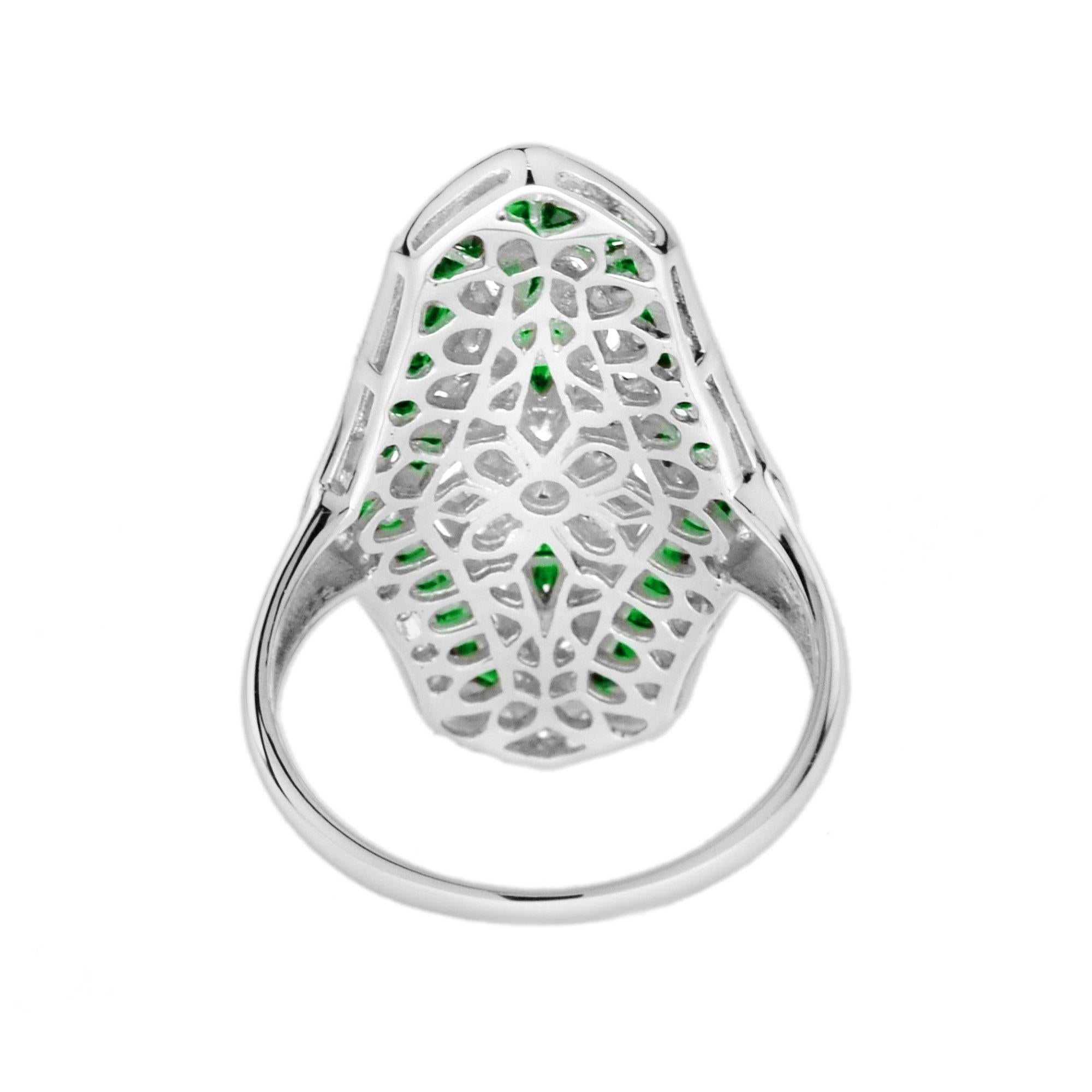 Women's Diamond and Emerald Art Deco Style Dinner Ring in 18K White Gold