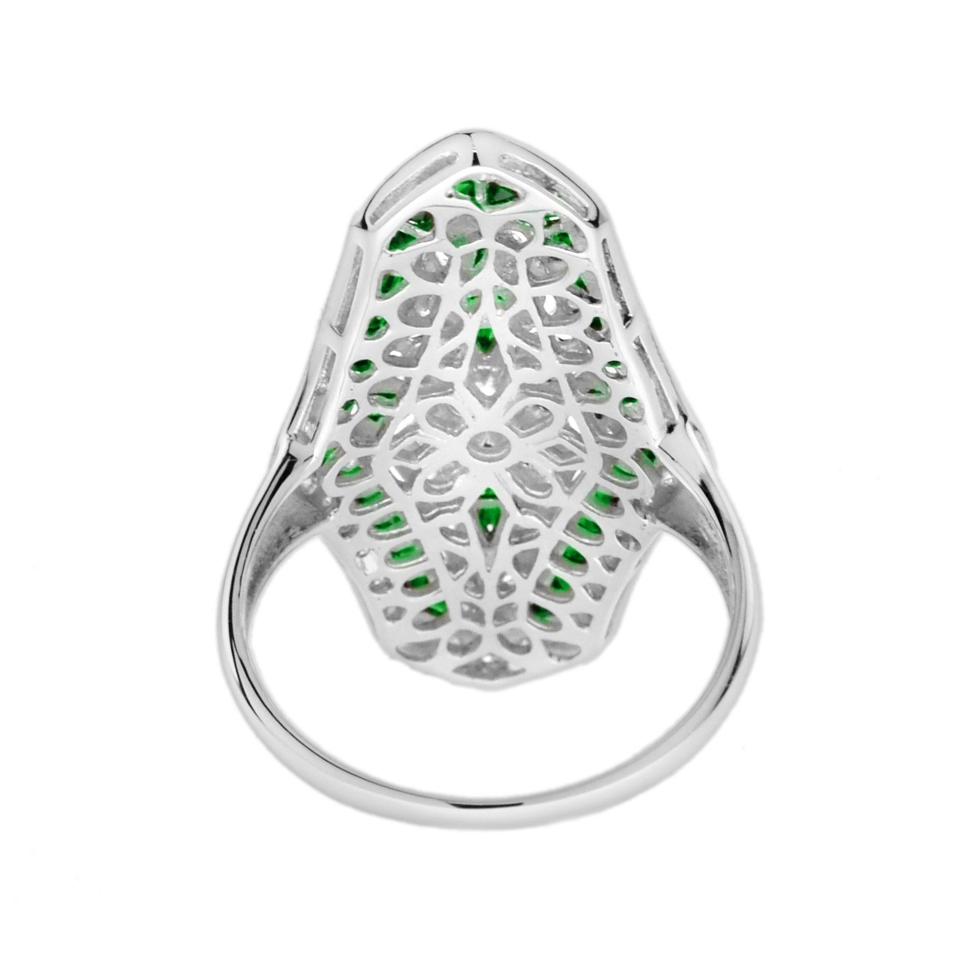 Women's Diamond and Emerald Art Deco Style Dinner Ring in 18K White Gold For Sale