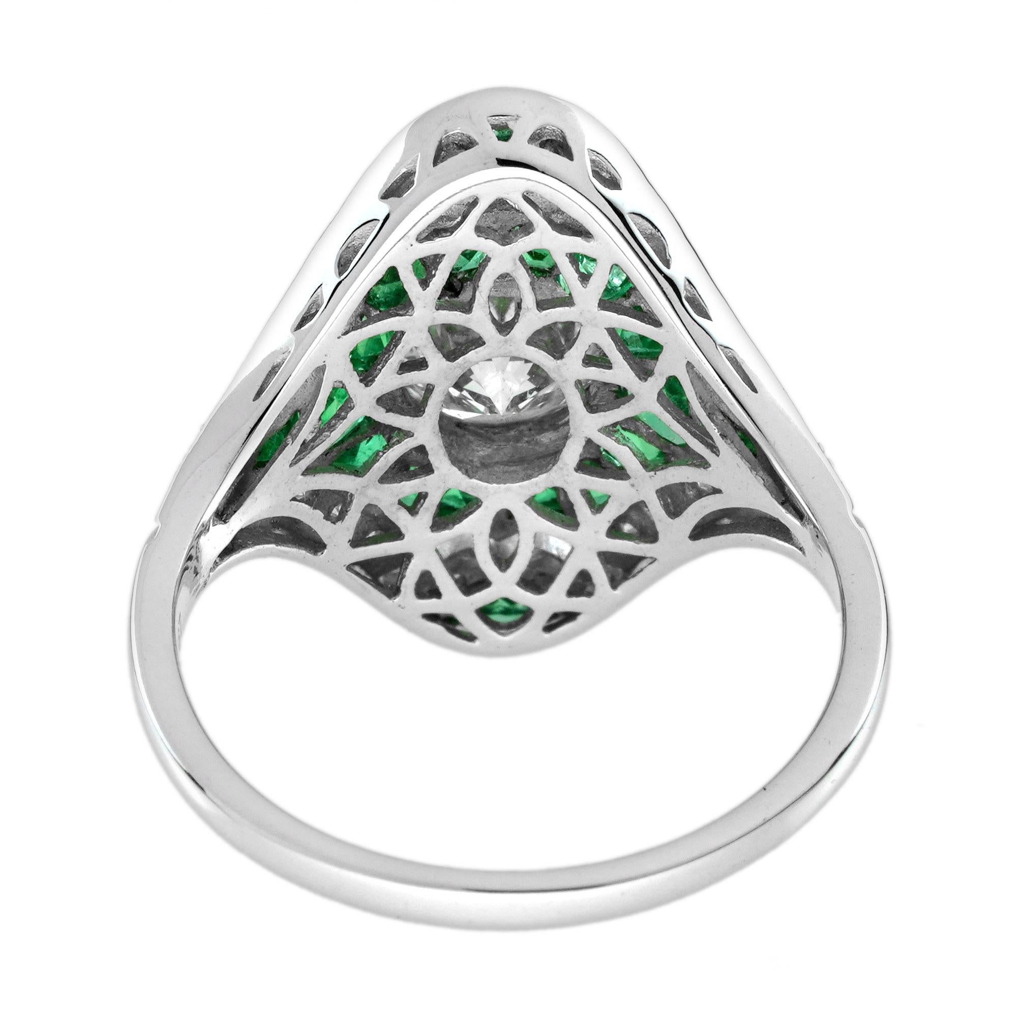 Women's Diamond and Emerald Art Deco Style Dinner Ring in 18K White Gold For Sale