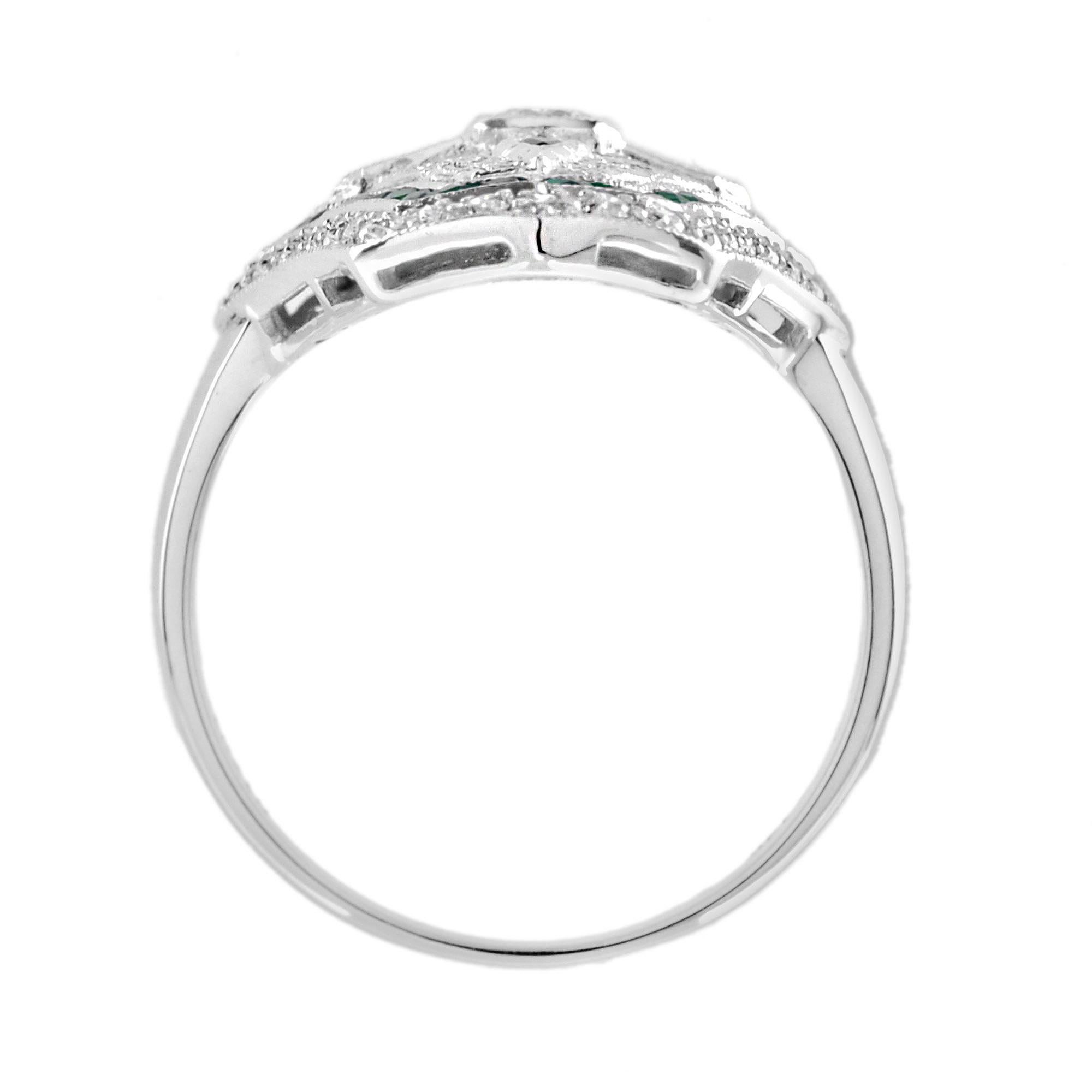 Diamond and Emerald Art Deco Style Dinner Ring in 18K White Gold 1