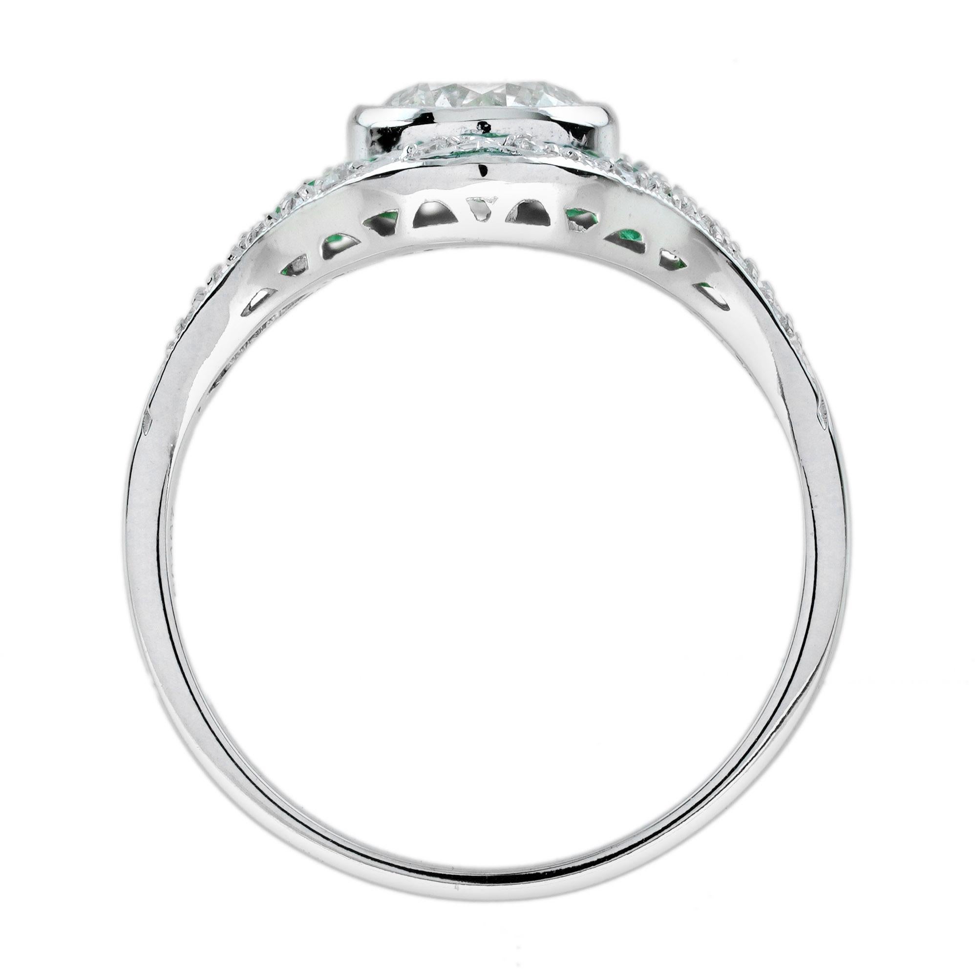 Diamond and Emerald Art Deco Style Dinner Ring in 18K White Gold For Sale 1