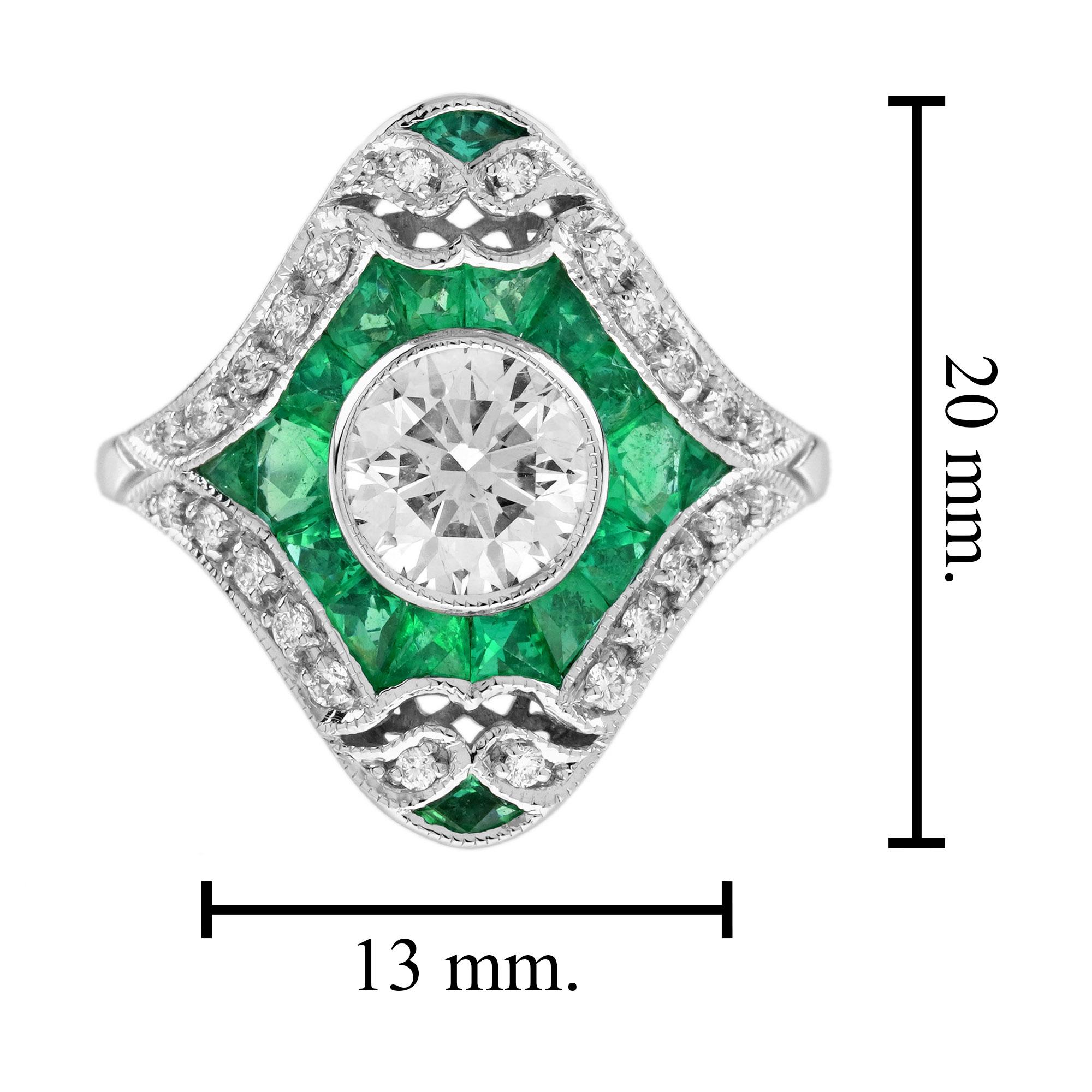 Diamond and Emerald Art Deco Style Dinner Ring in 18K White Gold For Sale 2