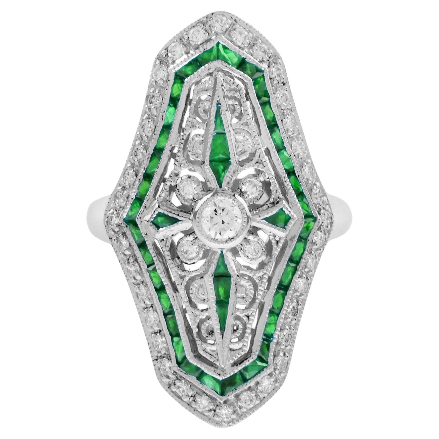 Diamond and Emerald Art Deco Style Dinner Ring in 18K White Gold For Sale