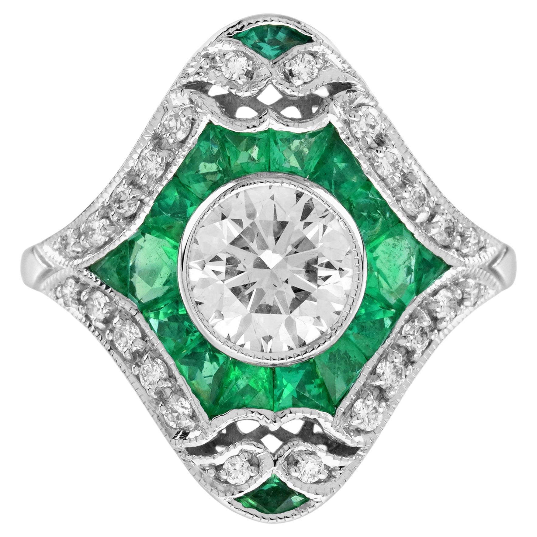 Diamond and Emerald Art Deco Style Dinner Ring in 18K White Gold