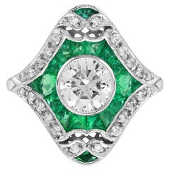 Diamond and Emerald Art Deco Style Dinner Ring in 18K White Gold