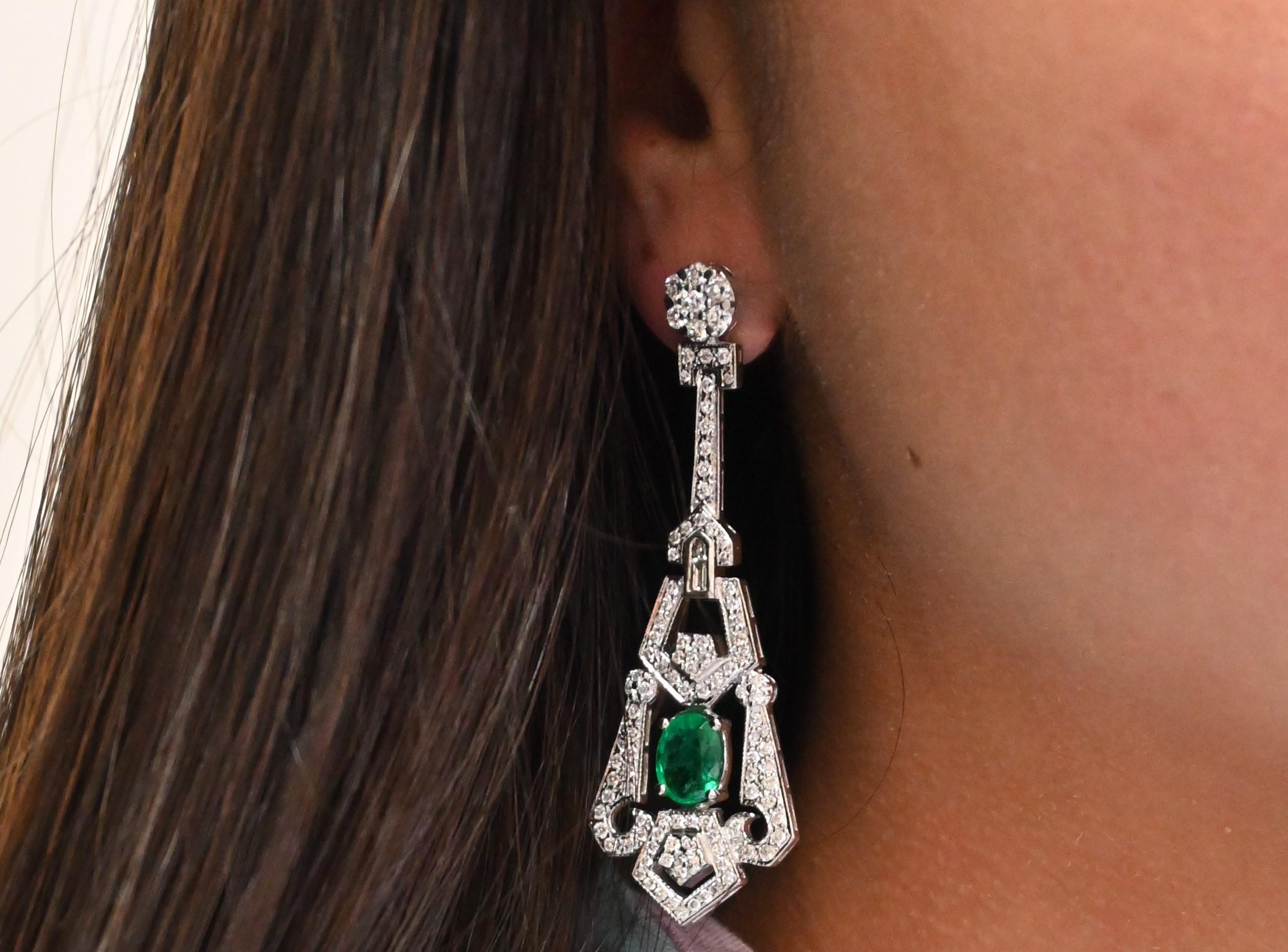 Oval Cut Diamond and Emerald Art Deco Style Earrings  For Sale
