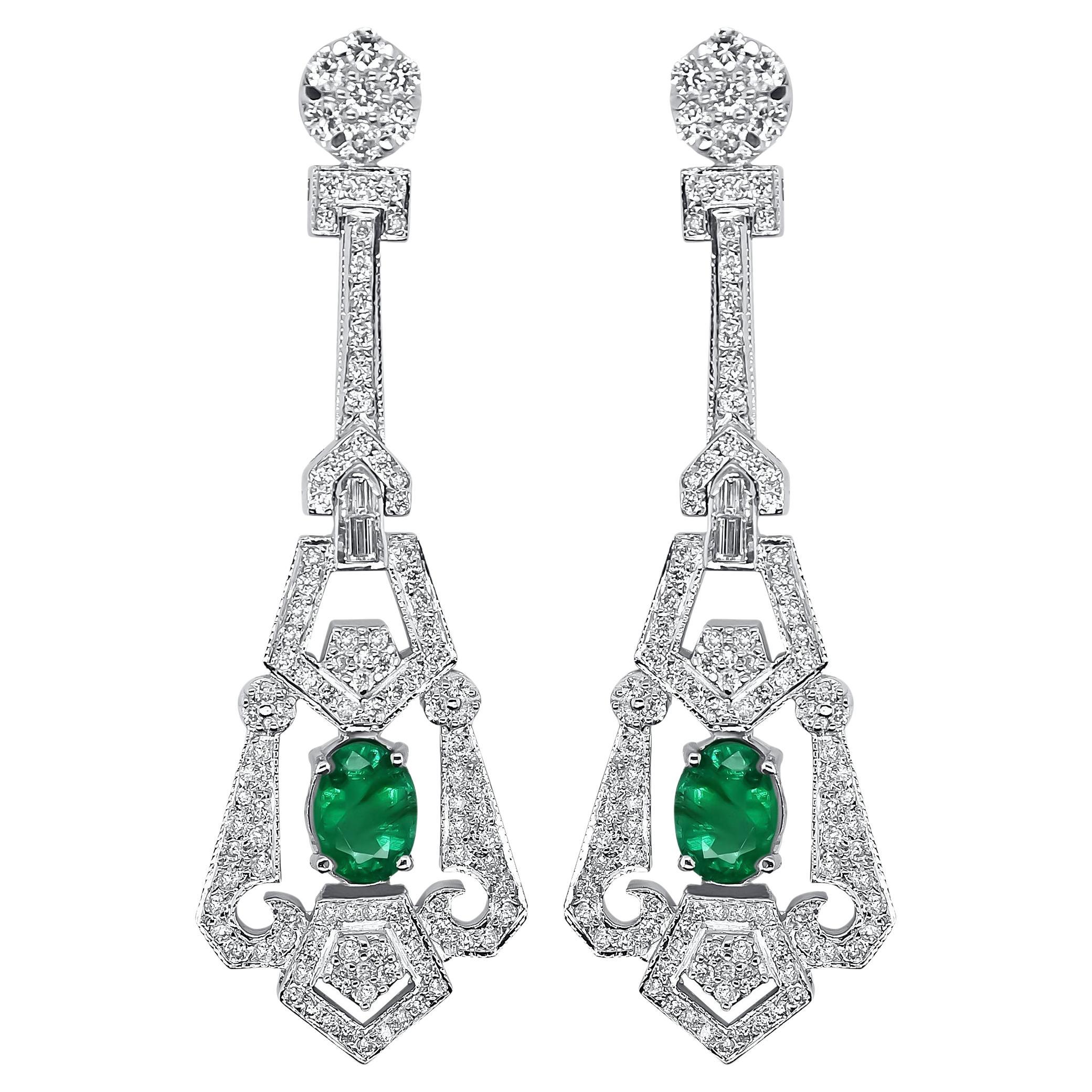 Diamond and Emerald Art Deco Style Earrings  For Sale