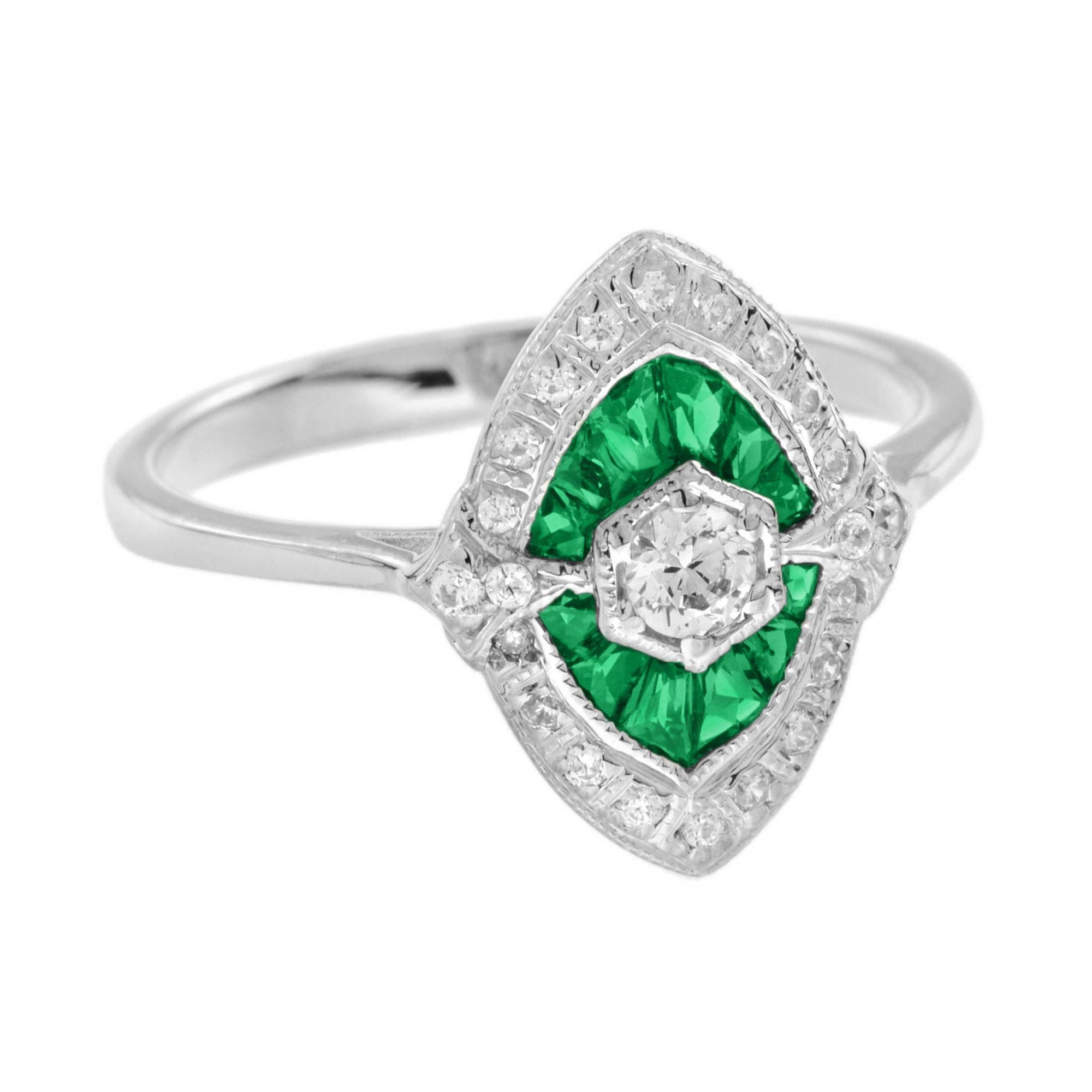 Verlobungsring aus 18 Karat Weißgold mit Diamanten und Smaragden im Art-déco-Stil (Art déco) im Angebot