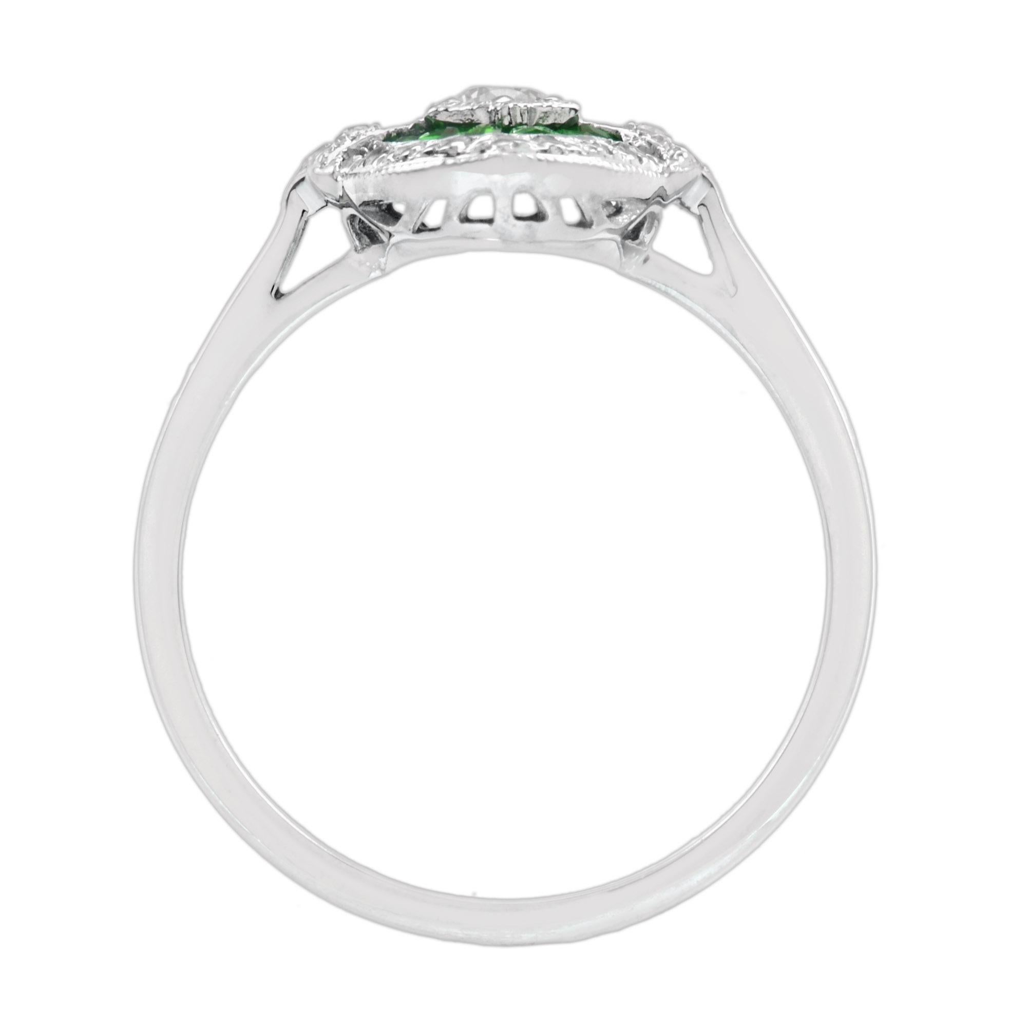 Verlobungsring aus 18 Karat Weißgold mit Diamanten und Smaragden im Art-déco-Stil Damen im Angebot