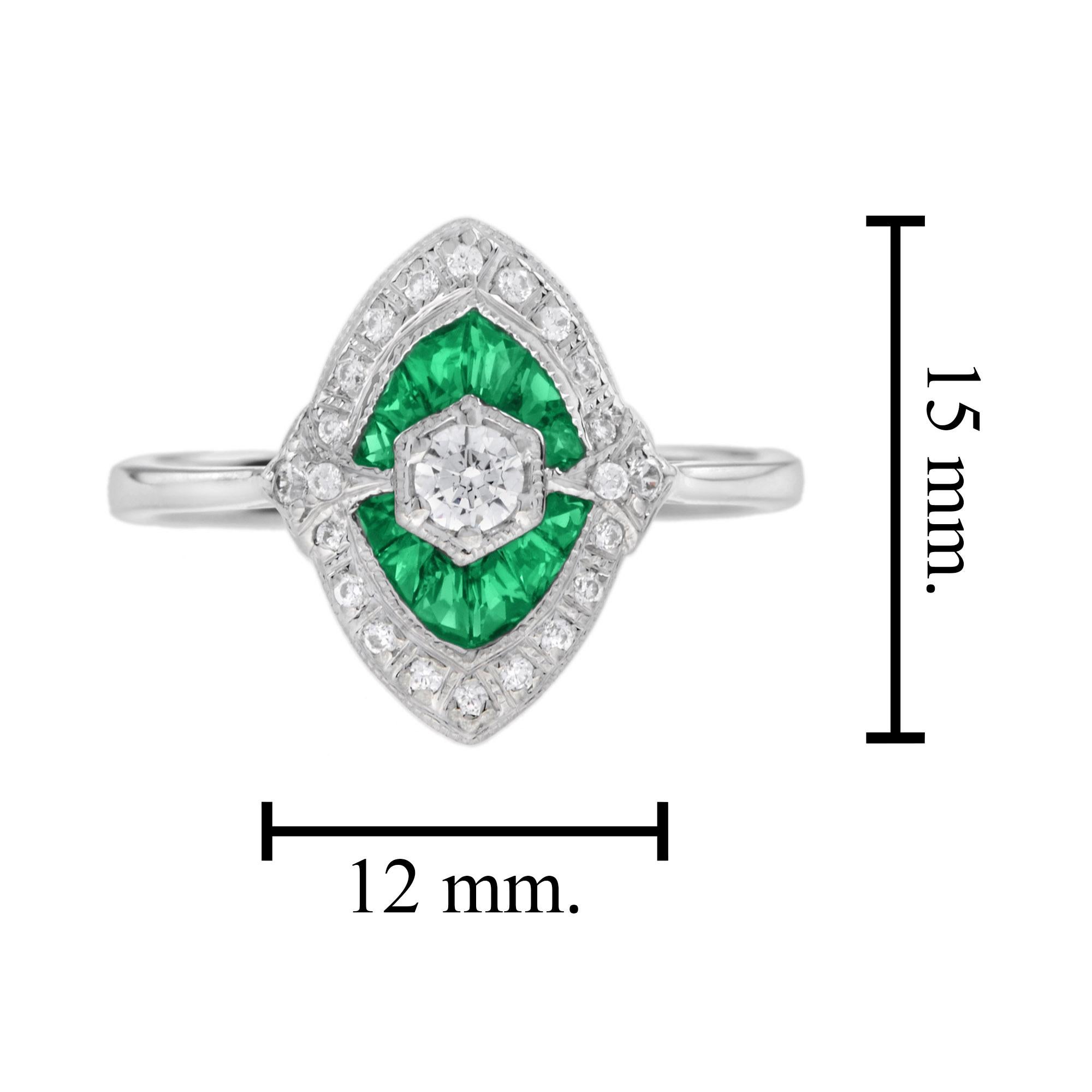 Verlobungsring aus 18 Karat Weißgold mit Diamanten und Smaragden im Art-déco-Stil im Angebot 1