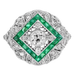 Diamond and Emerald Art Deco Style Engagement Ring in 18K White Gold