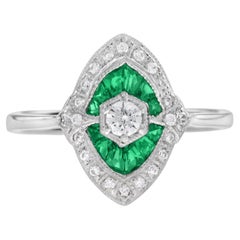Diamond and Emerald Art Deco Style Engagement Ring in 18k White Gold