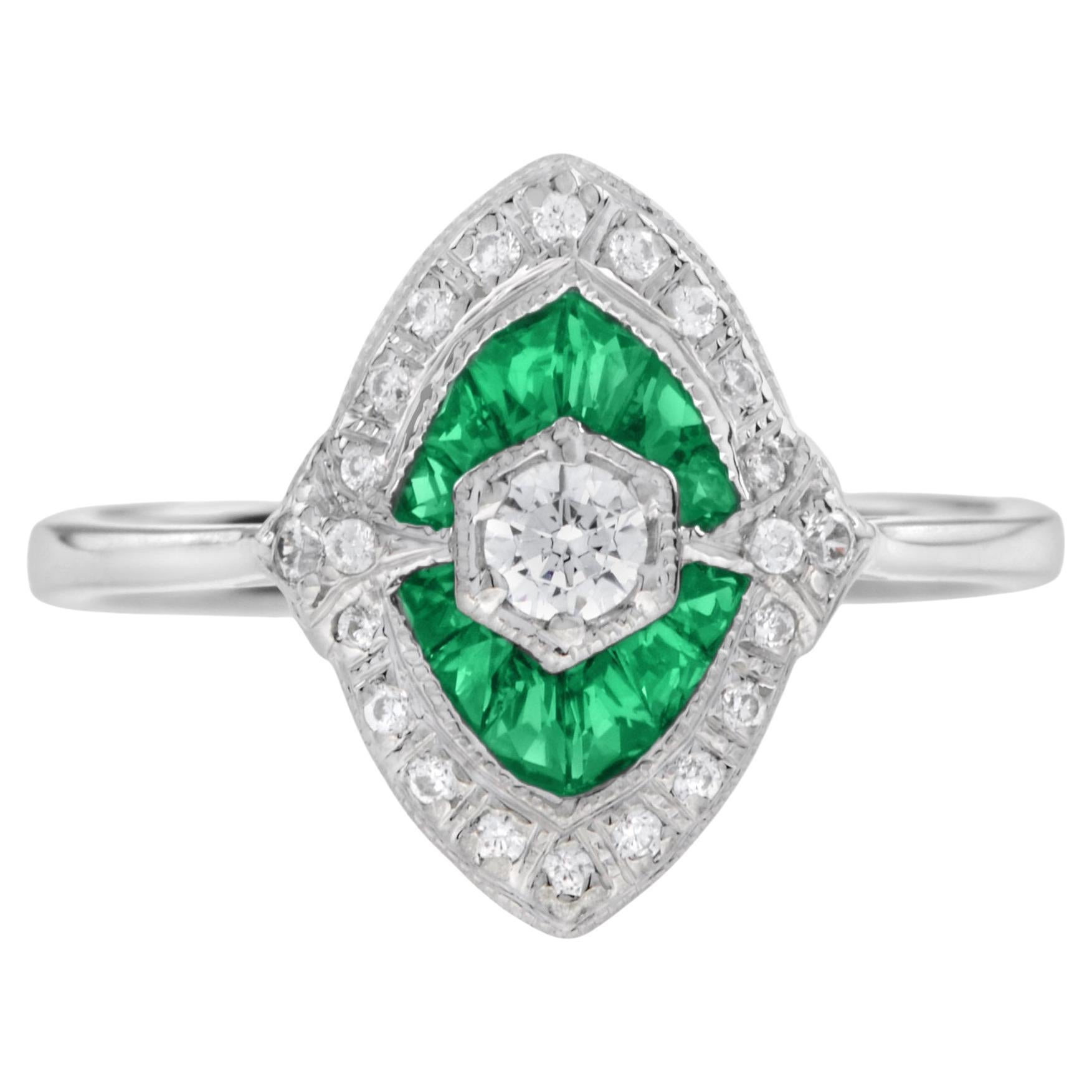 Diamond and Emerald Art Deco Style Engagement Ring in 18K White Gold
