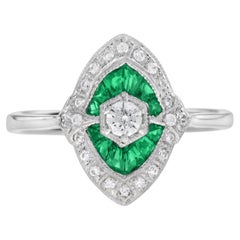Diamond and Emerald Art Deco Style Engagement Ring in 18K White Gold
