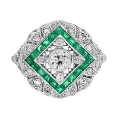 Diamond and Emerald Art Deco Style Engagement Ring in 18K White Gold
