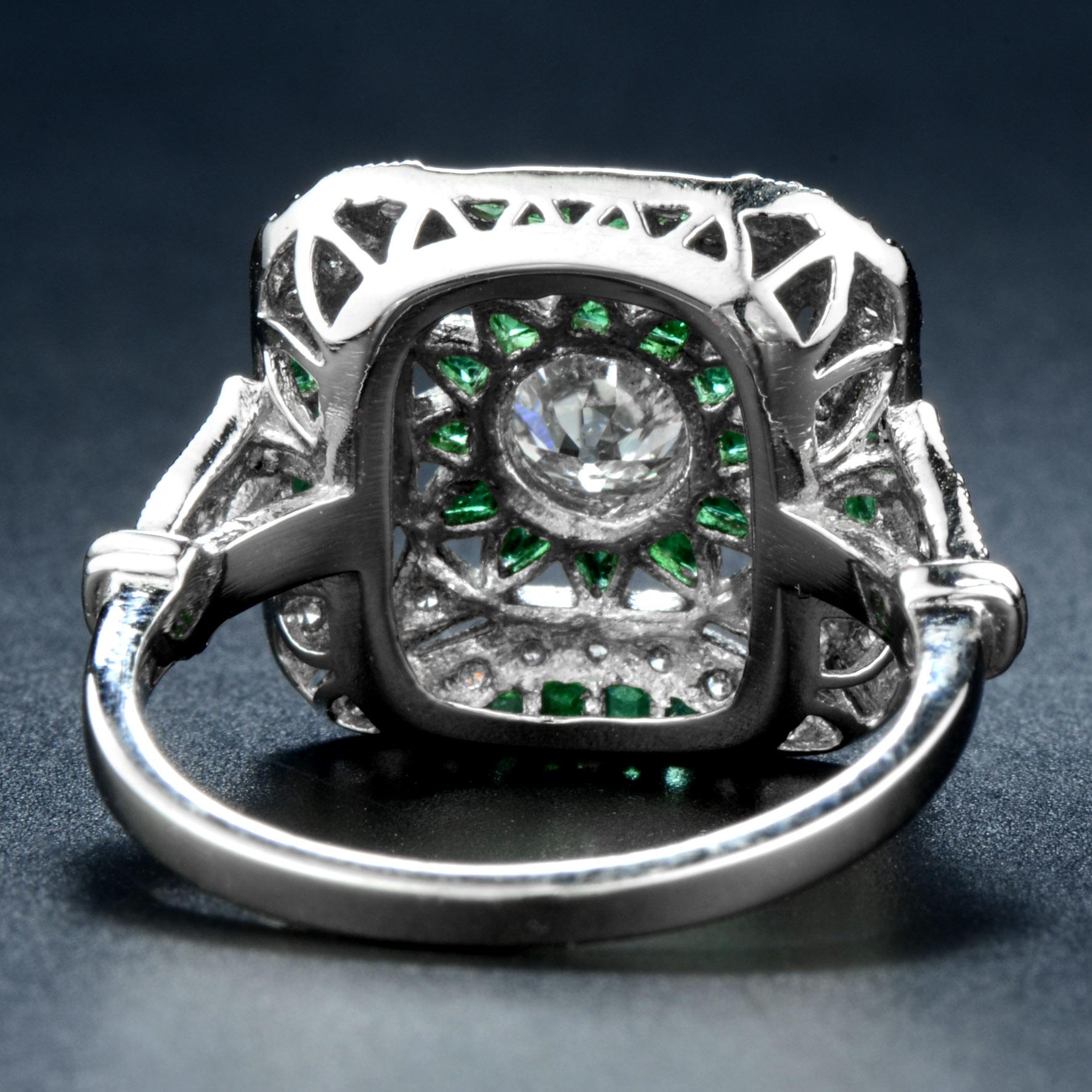 Diamond and Emerald Art Deco Style Engagement Ring in Platinum 950 For Sale 1