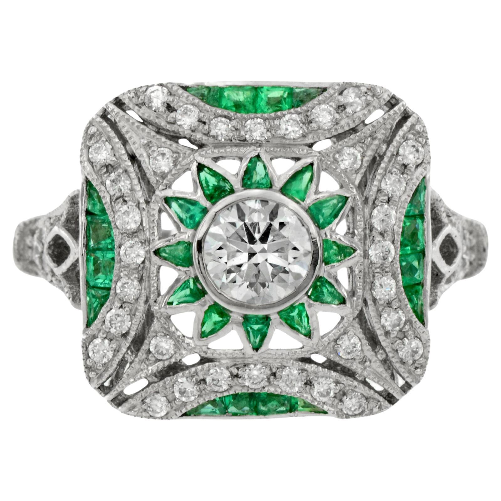 Diamond and Emerald Art Deco Style Engagement Ring in Platinum 950 For Sale
