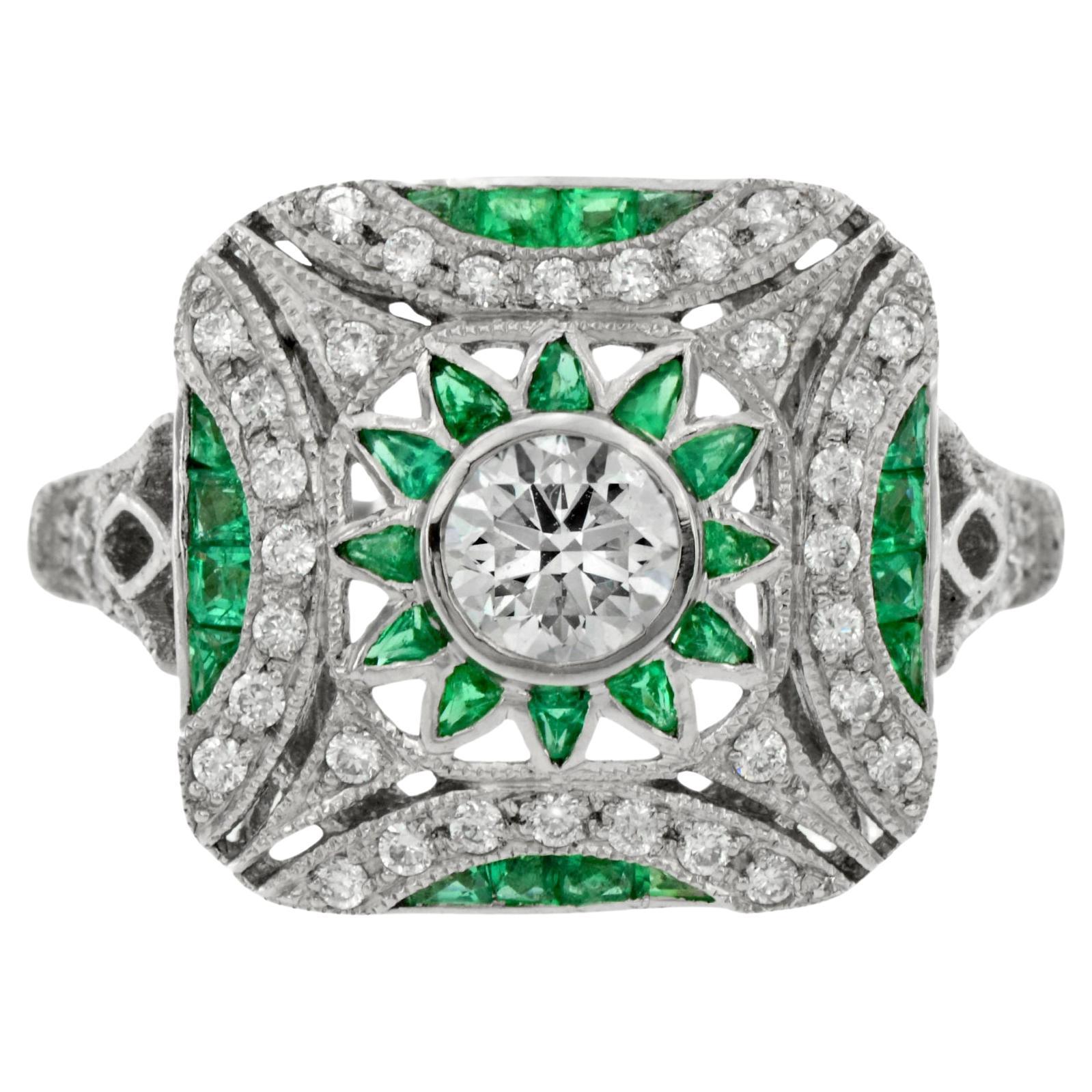 Verlobungsring aus Platin 950 mit Diamant und Smaragd im Art-déco-Stil
