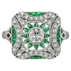 Diamond and Emerald Art Deco Style Engagement Ring in Platinum 950