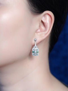 Diamond and Emerald Art Deco Style Filigree Drop Earrings in 14K White Gold