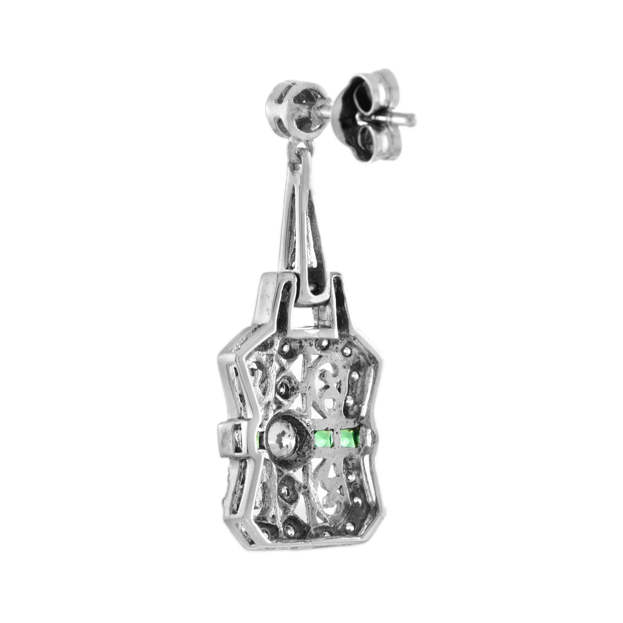 Round Cut Diamond and Emerald Art Deco Style Filigree Drop Earrings in 14K White Gold For Sale