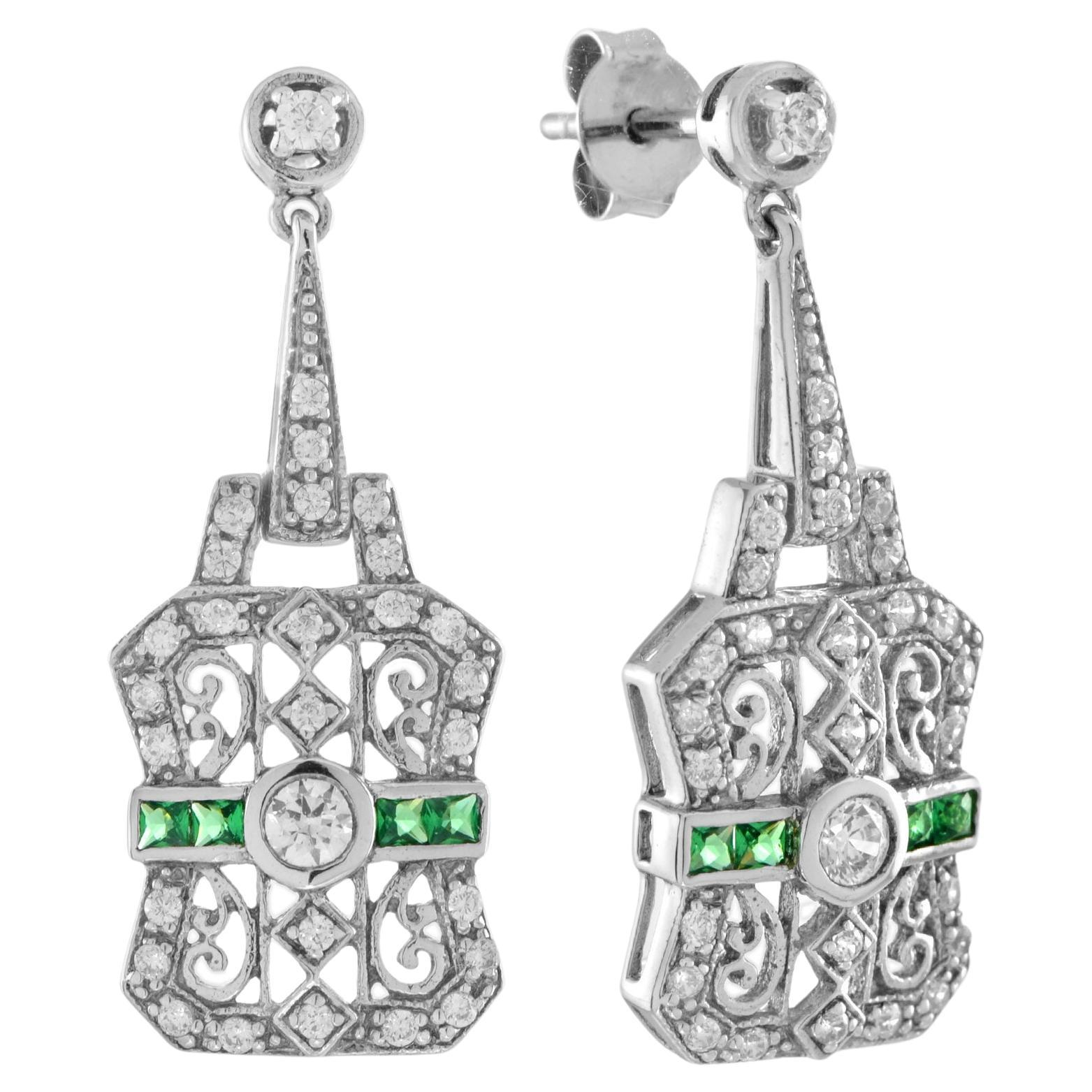 Diamond and Emerald Art Deco Style Filigree Drop Earrings in 14K White Gold For Sale