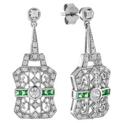 Diamond and Emerald Art Deco Style Filigree Drop Earrings in 14K White Gold