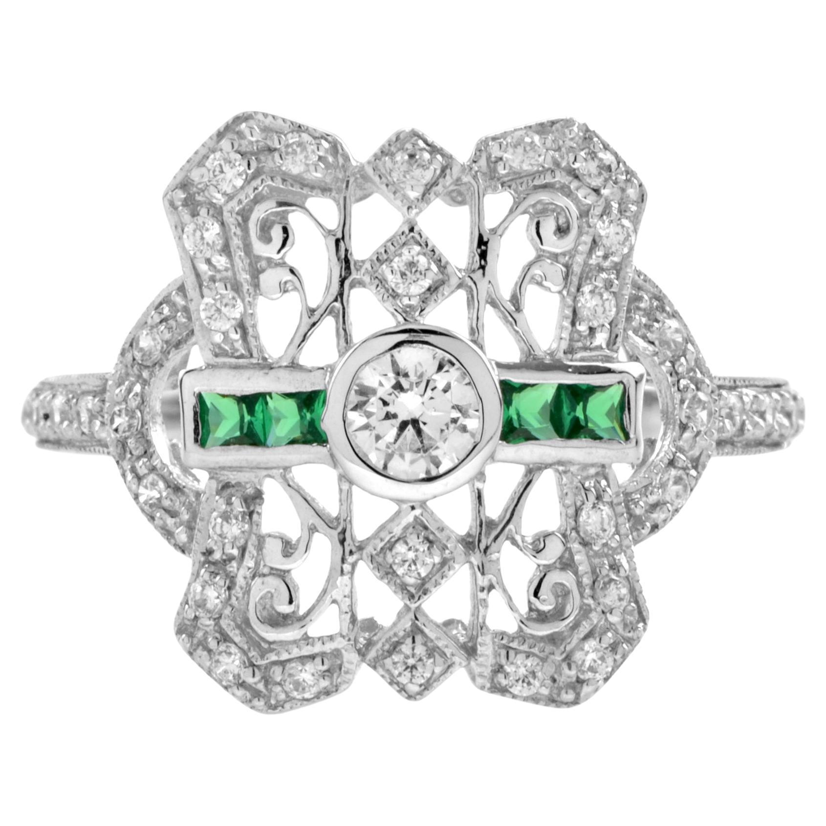 Diamond and Emerald Art Deco Style Filigree Ring in 14K White Gold