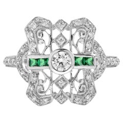 Diamond and Emerald Art Deco Style Filigree Ring in 14K White Gold