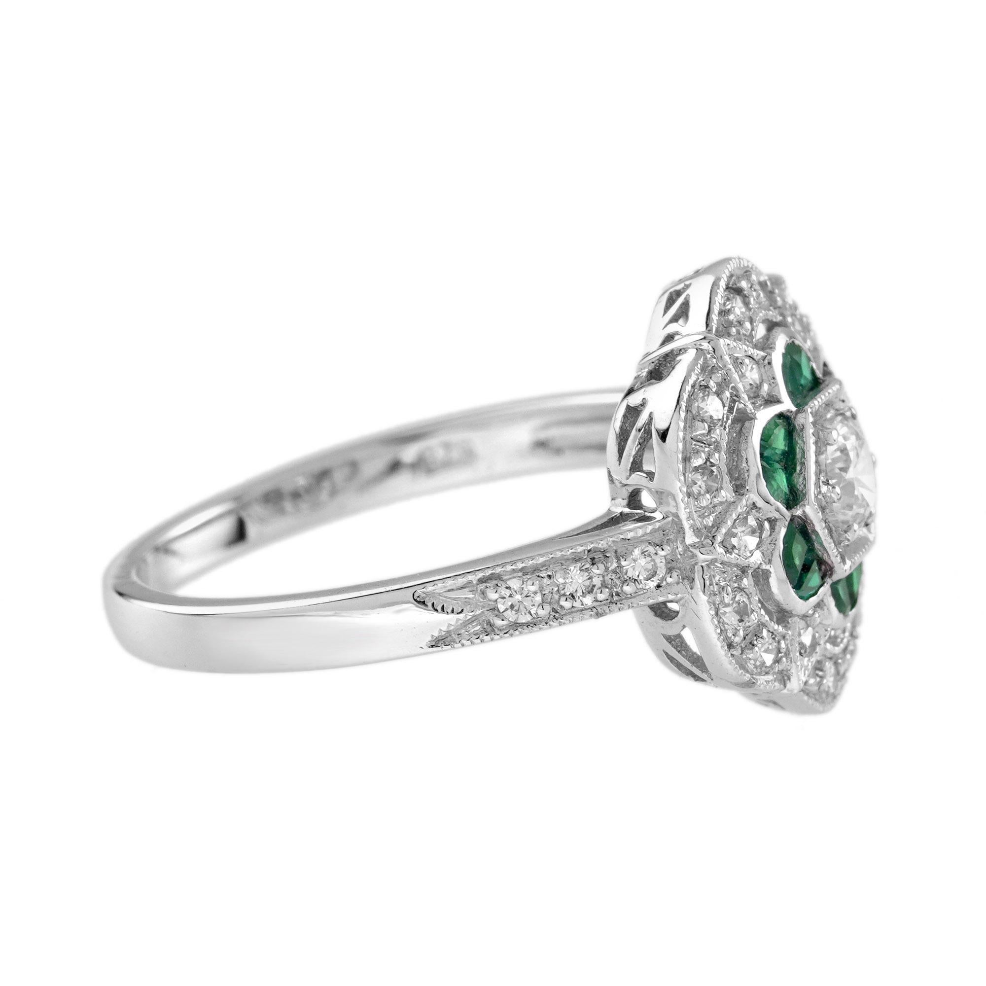 Diamond and Emerald Art Deco Style Floral Engagement Ring in 18K White Gold In New Condition For Sale In Bangkok, TH
