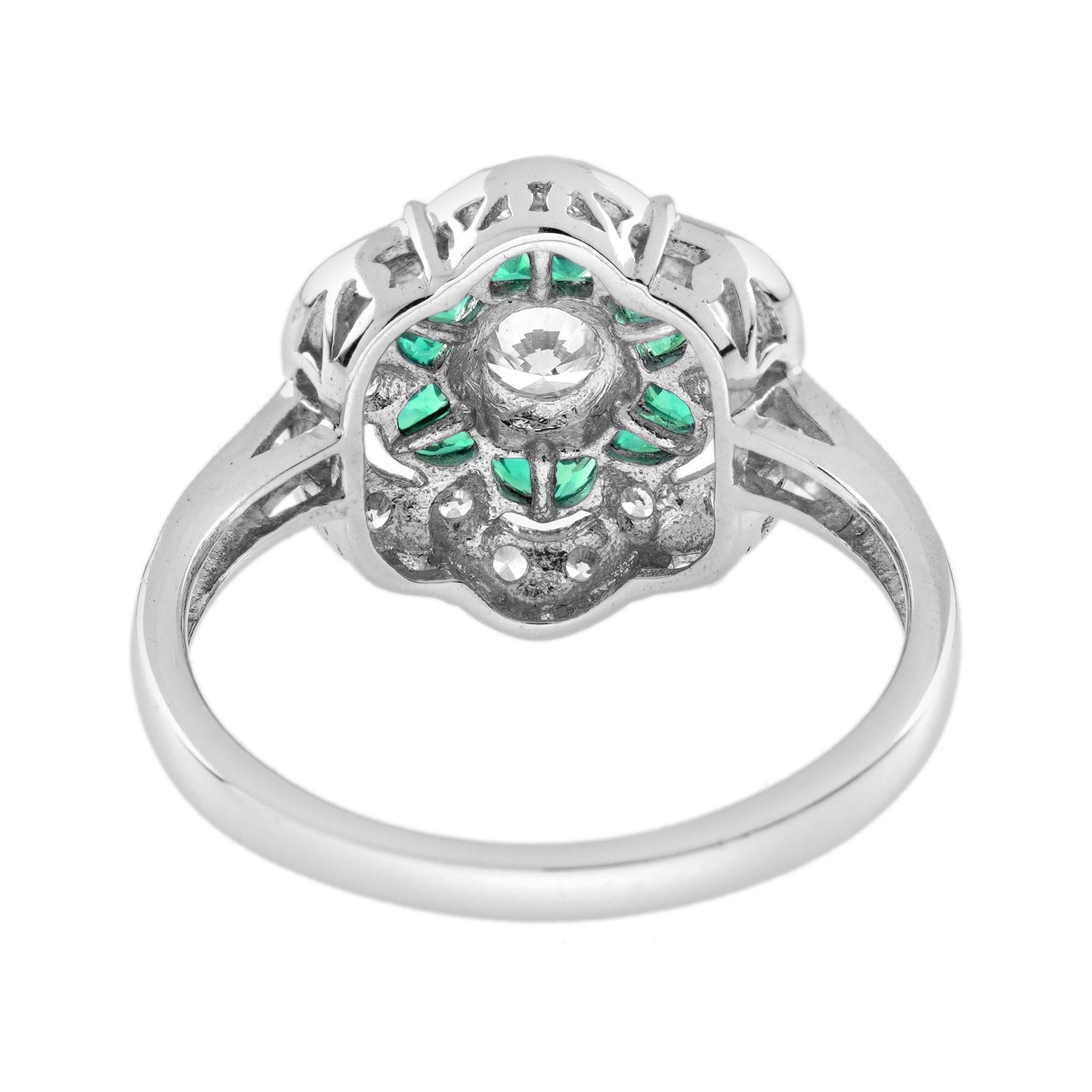 Diamond and Emerald Art Deco Style Floral Engagement Ring in 18K White Gold For Sale 1