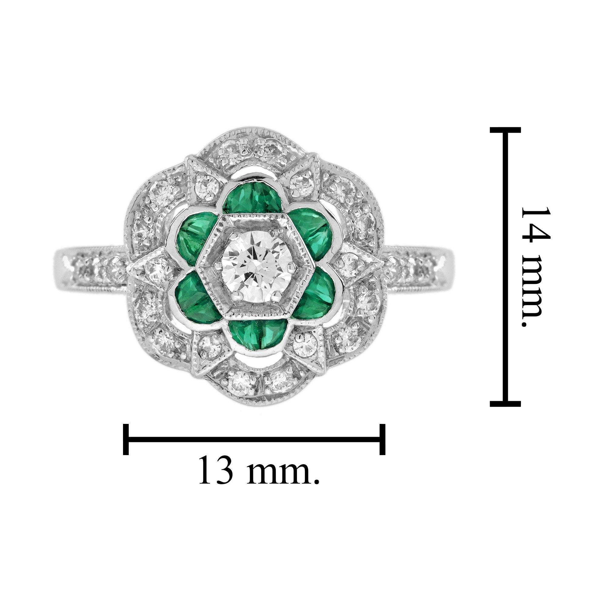 Diamond and Emerald Art Deco Style Floral Engagement Ring in 18K White Gold For Sale 2