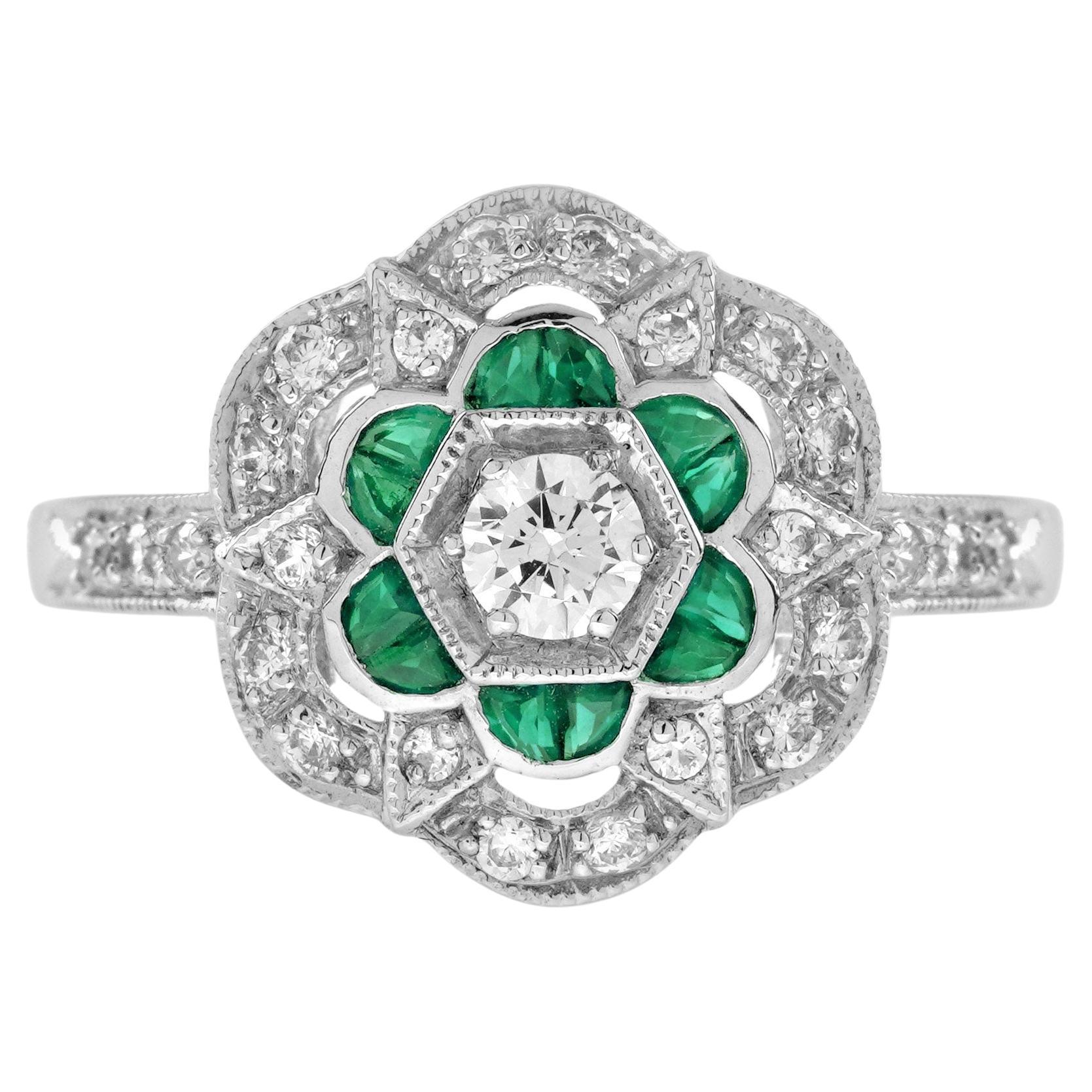 Diamond and Emerald Art Deco Style Floral Engagement Ring in 18K White Gold For Sale
