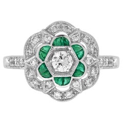 Diamond and Emerald Art Deco Style Floral Engagement Ring in 18K White Gold