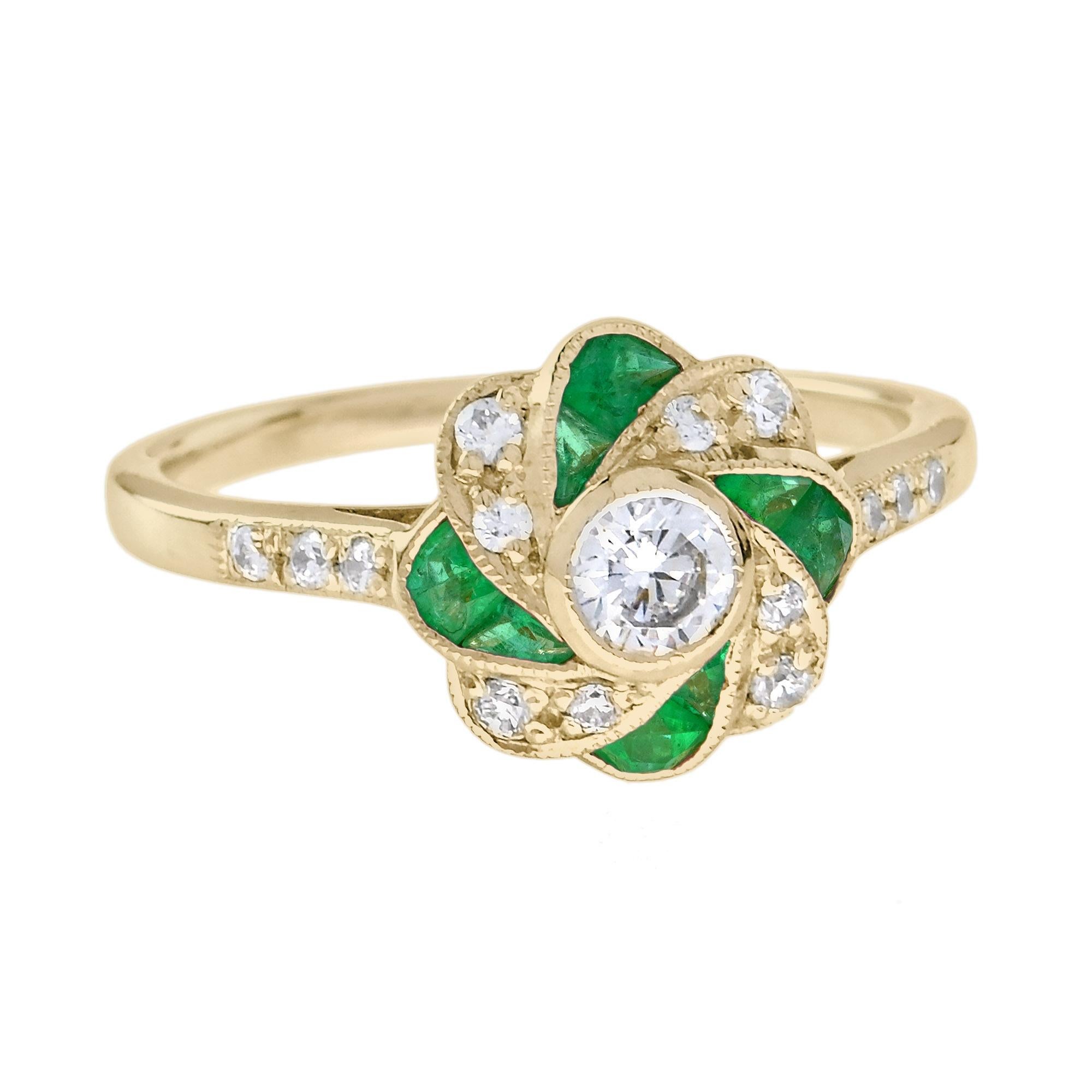 Round Cut Diamond and Emerald Art Deco Style Floral Engagement Ring in 18K Yellow Gold For Sale