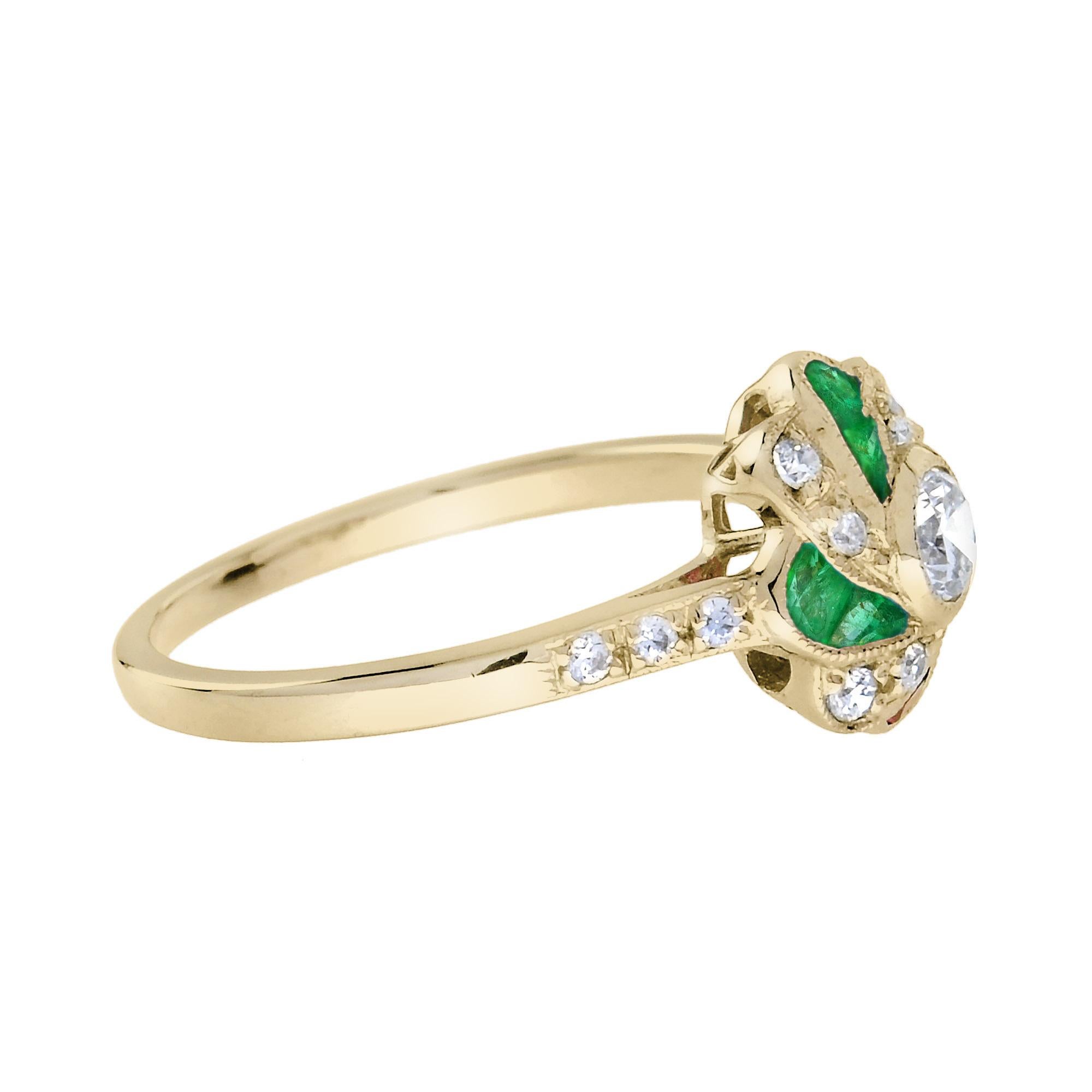 Diamond and Emerald Art Deco Style Floral Engagement Ring in 18K Yellow Gold In New Condition For Sale In Bangkok, TH