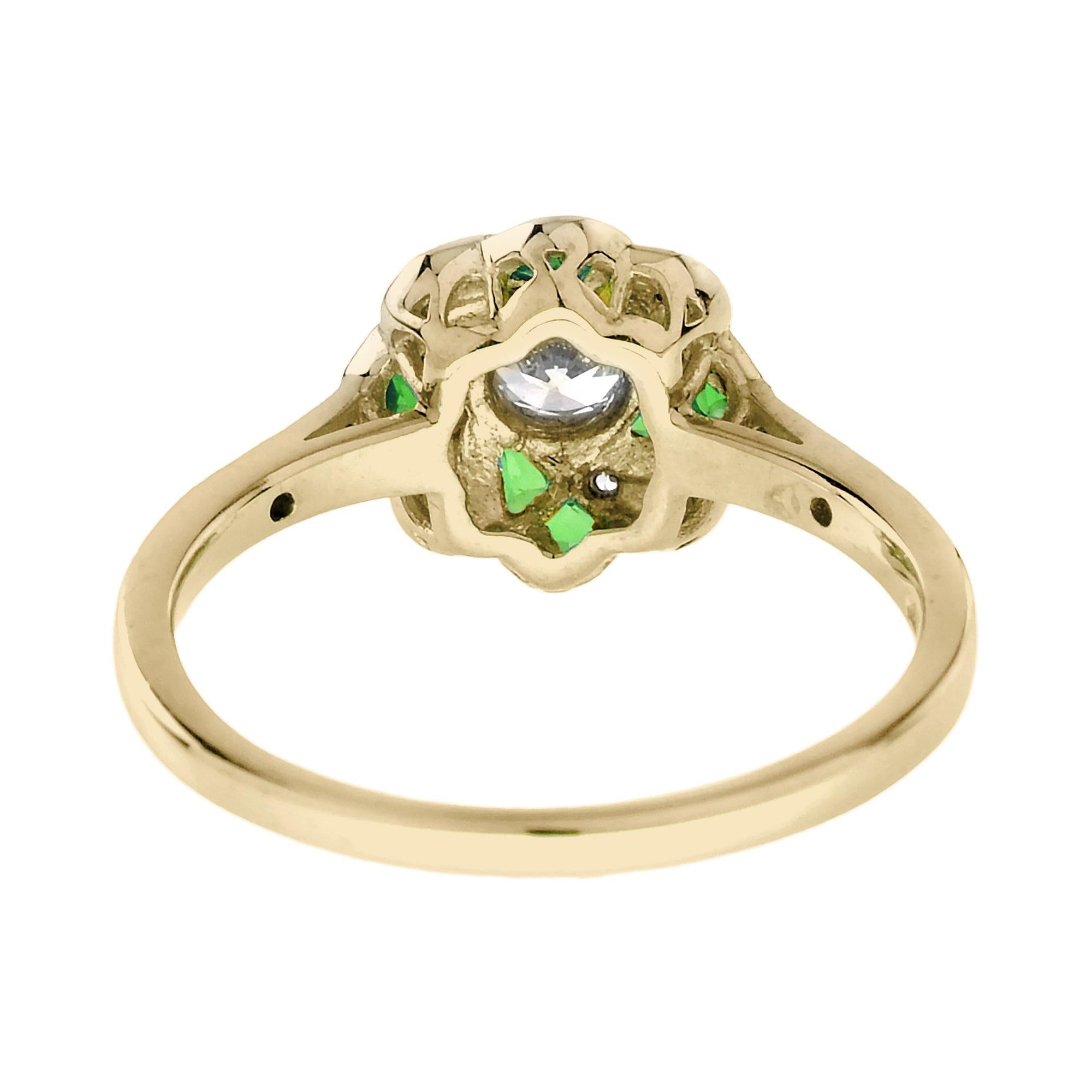 Women's Diamond and Emerald Art Deco Style Floral Engagement Ring in 18K Yellow Gold For Sale