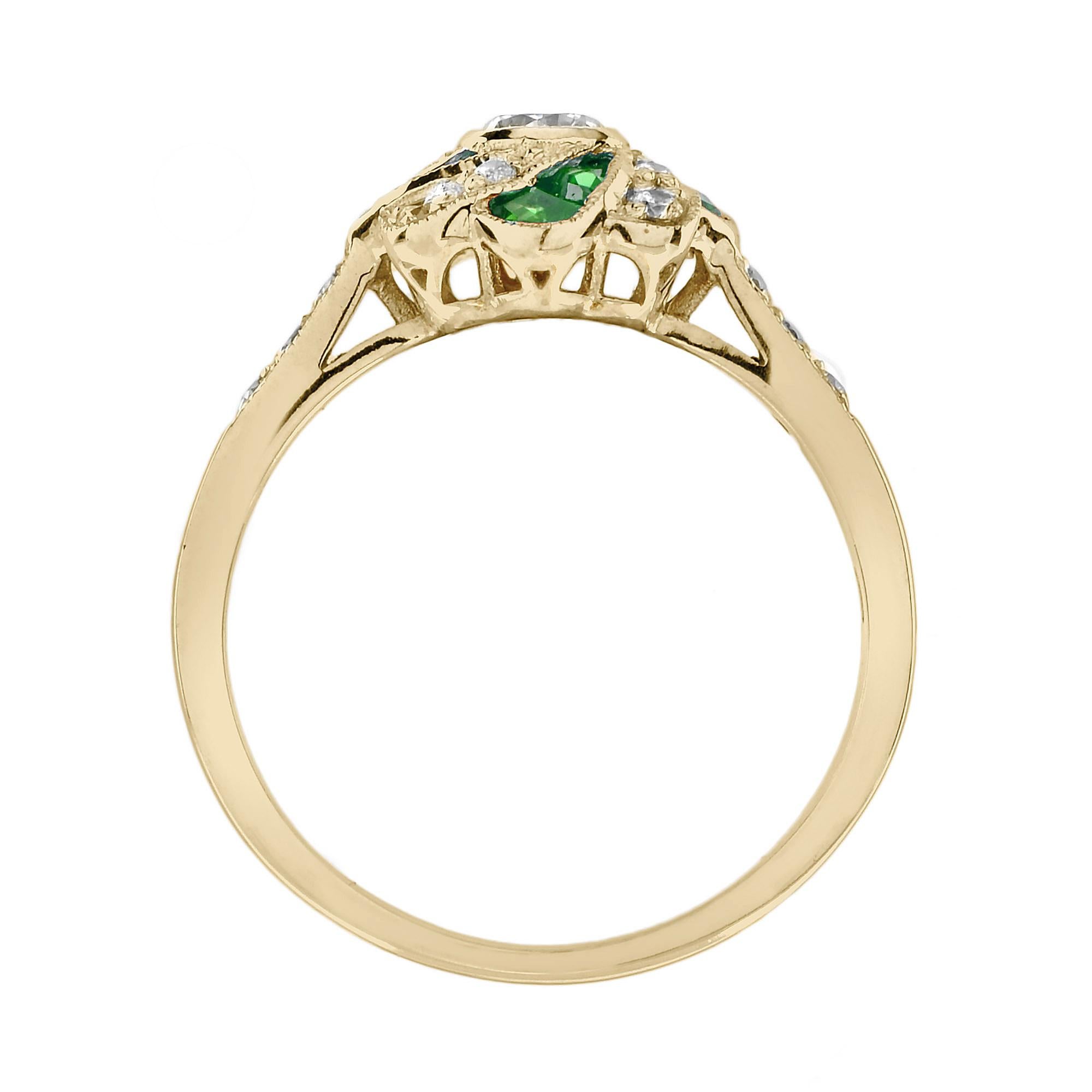Diamond and Emerald Art Deco Style Floral Engagement Ring in 18K Yellow Gold For Sale 1