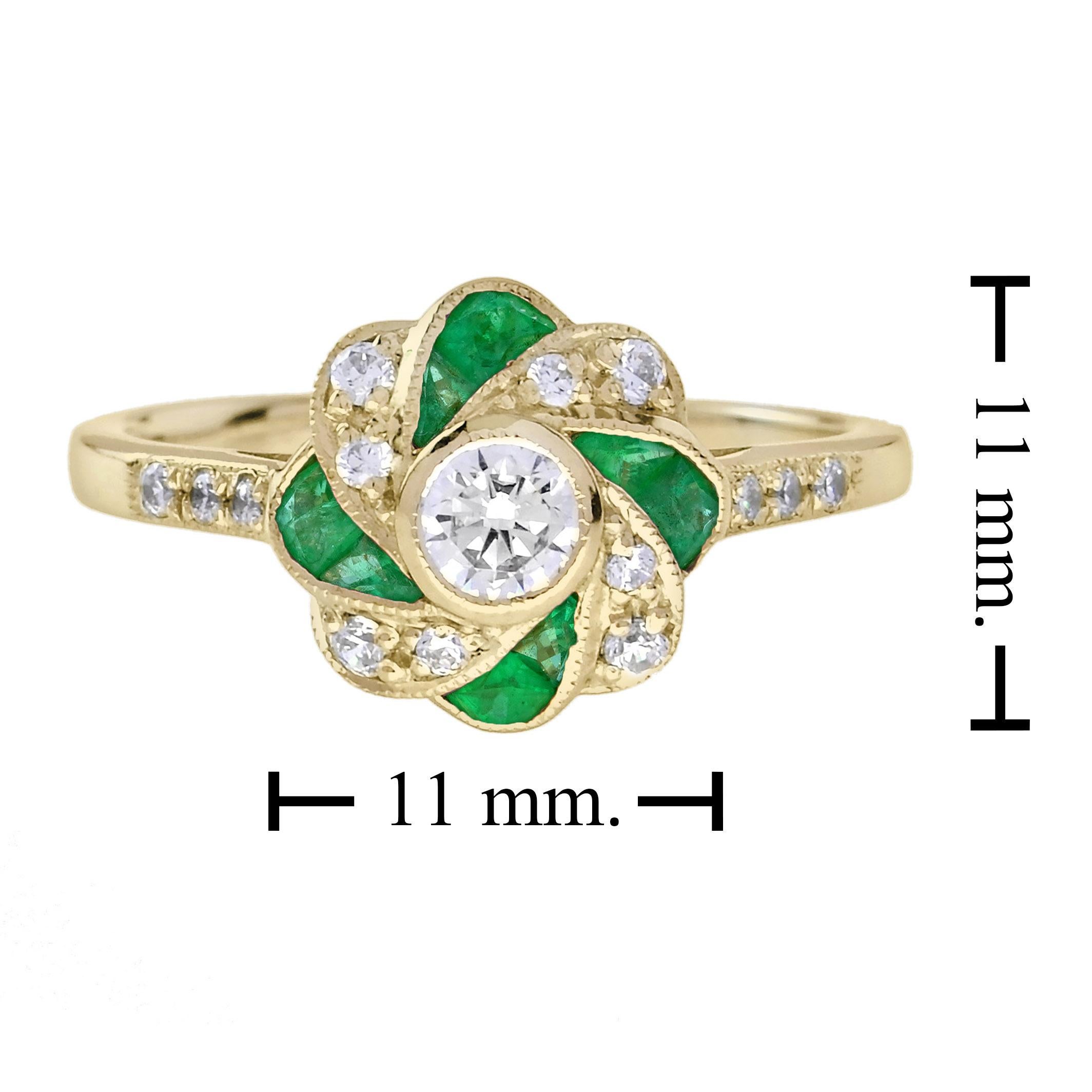 Diamond and Emerald Art Deco Style Floral Engagement Ring in 18K Yellow Gold For Sale 2
