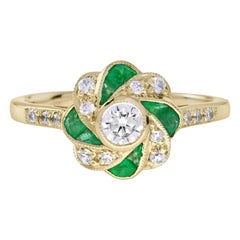 Diamond and Emerald Art Deco Style Floral Engagement Ring in 18K Yellow Gold