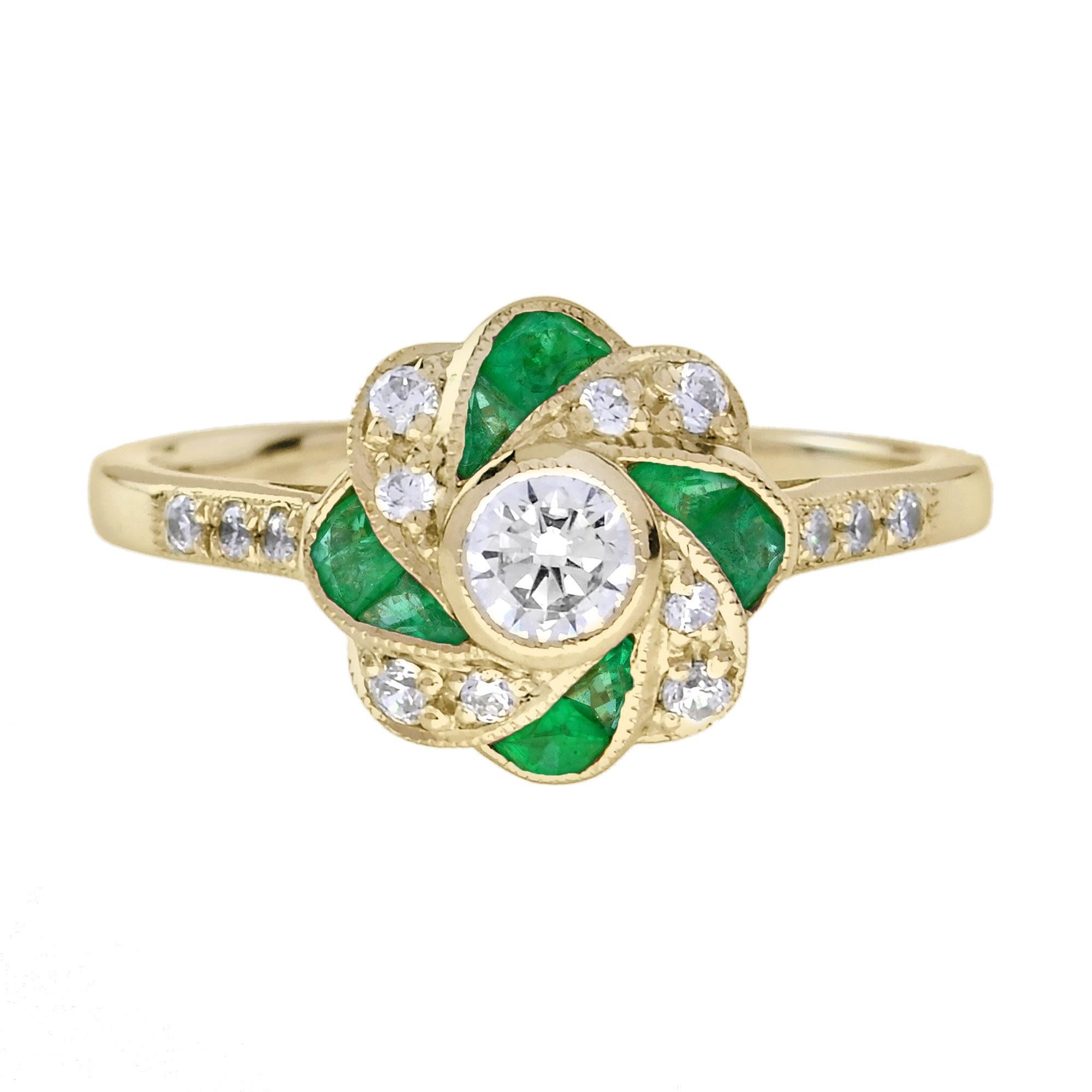 Diamond and Emerald Art Deco Style Floral Engagement Ring in 18K Yellow Gold