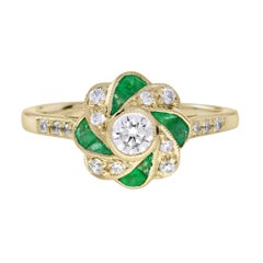 Diamond and Emerald Art Deco Style Floral Engagement Ring in 18K Yellow Gold