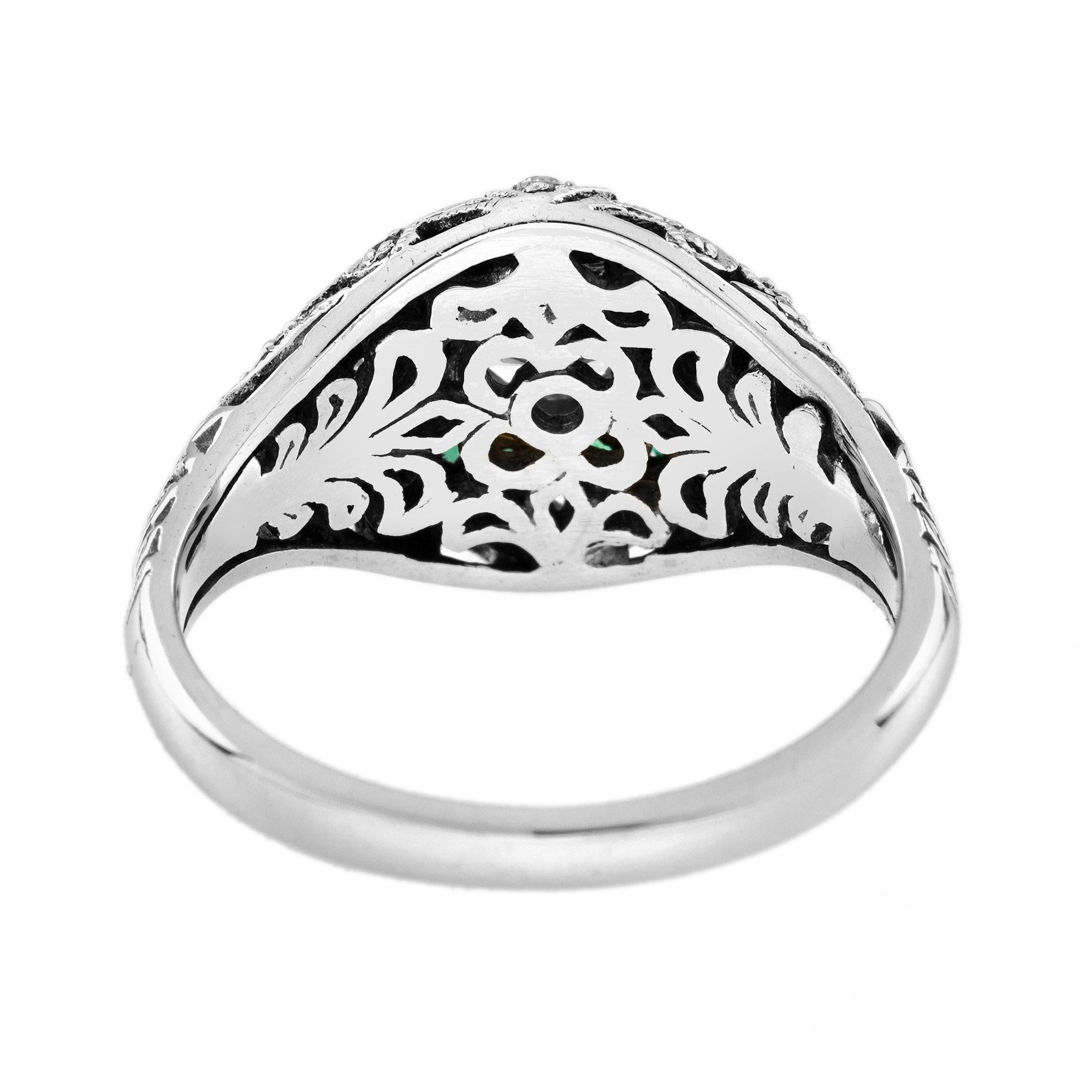 Women's Diamond and Emerald Art Deco Style Floral Engraved Ring in 18K White Gold For Sale