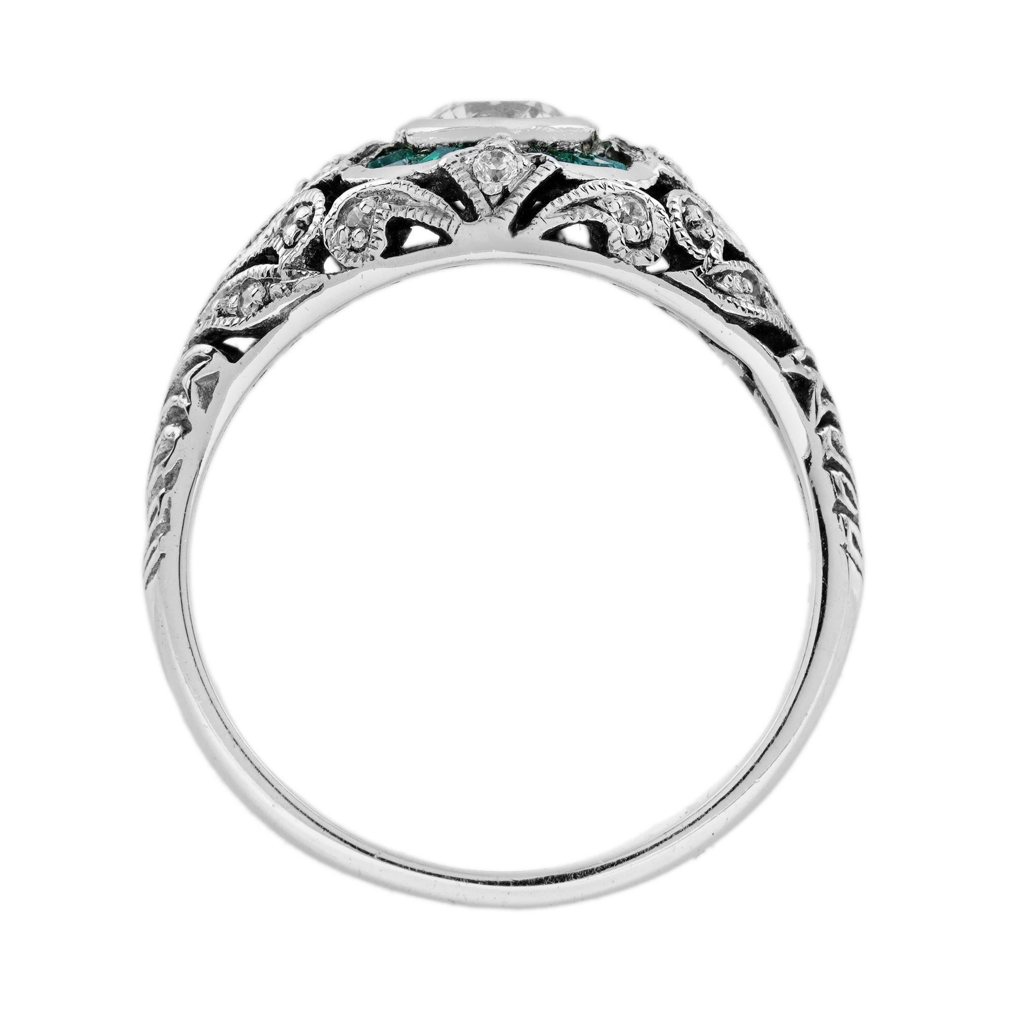 Diamond and Emerald Art Deco Style Floral Engraved Ring in 18K White Gold For Sale 1