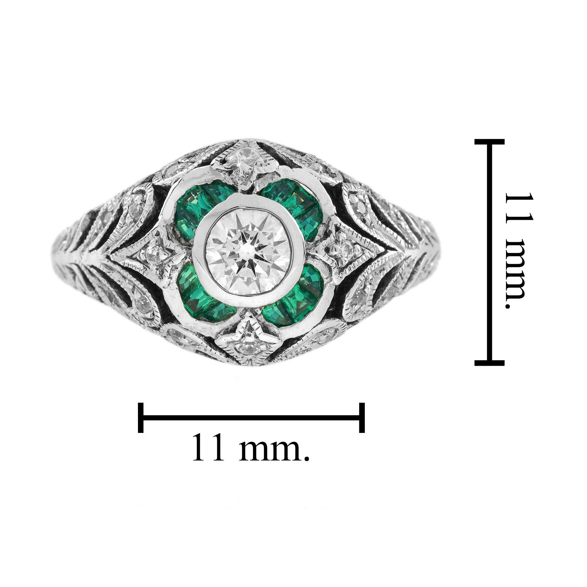 Diamond and Emerald Art Deco Style Floral Engraved Ring in 18K White Gold For Sale 2
