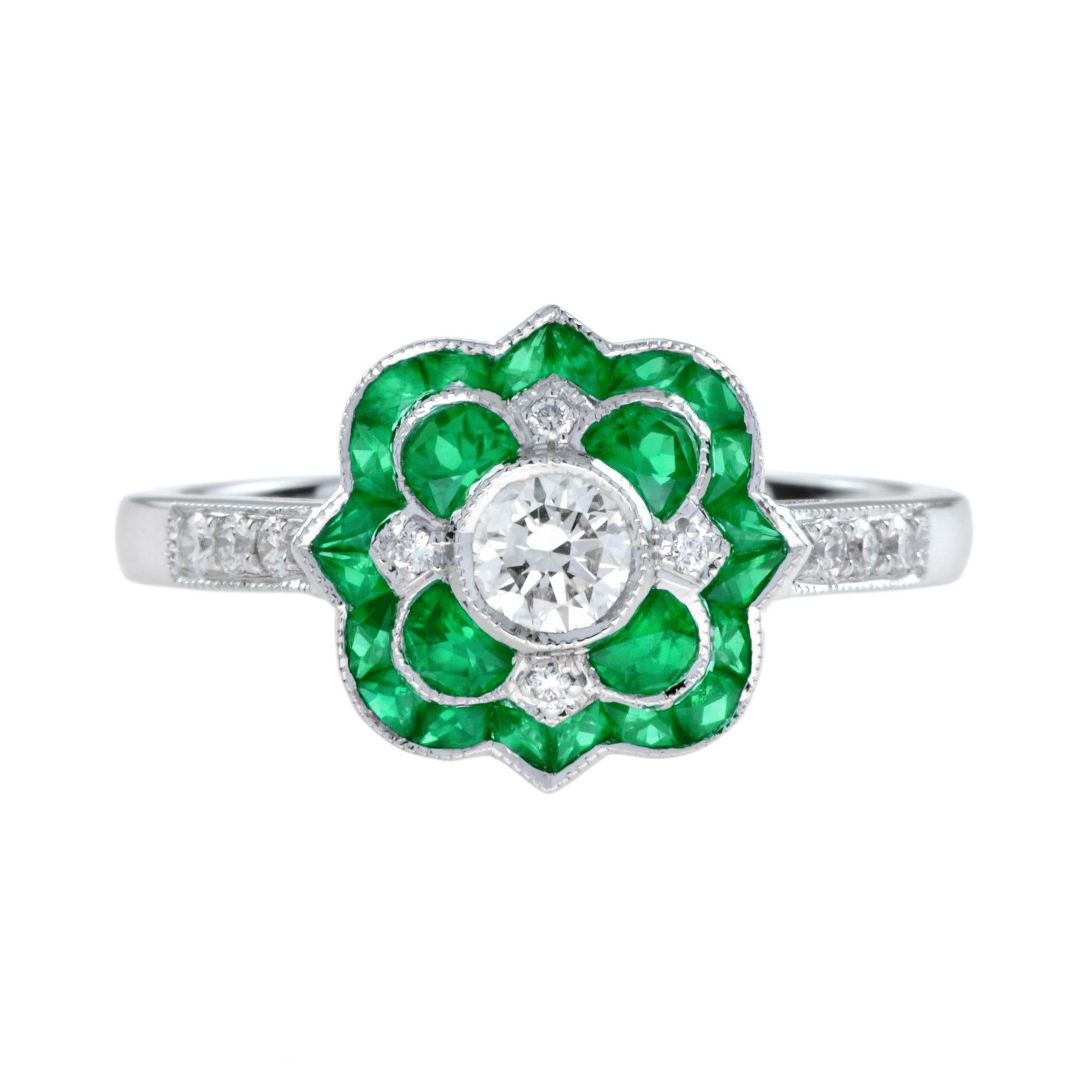 Diamond and Emerald Art Deco Style Floral Ring in 18K White Gold