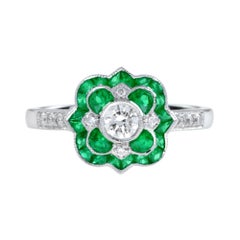 Diamond and Emerald Art Deco Style Floral Ring in 18K White Gold